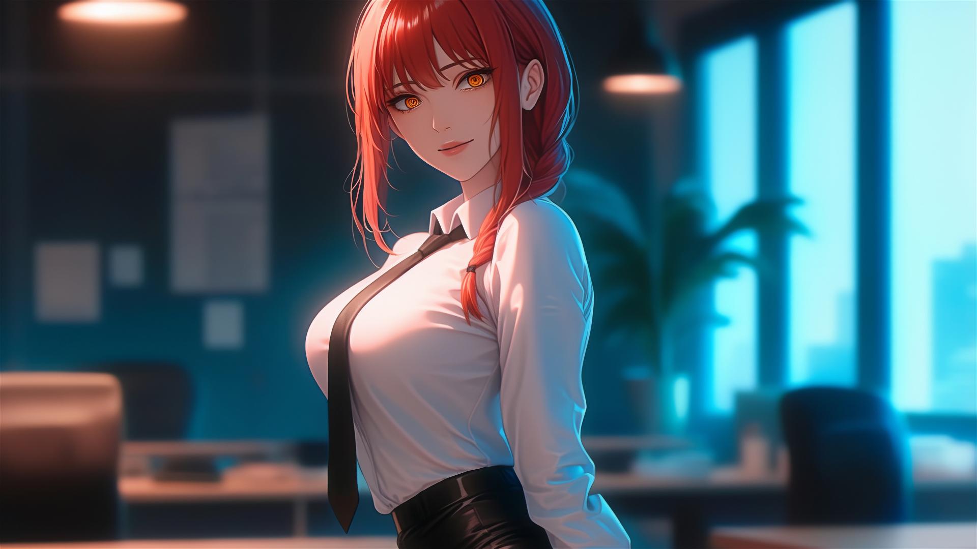 Makima from Chainsaw Man standing in office with focus on thighs, red hair