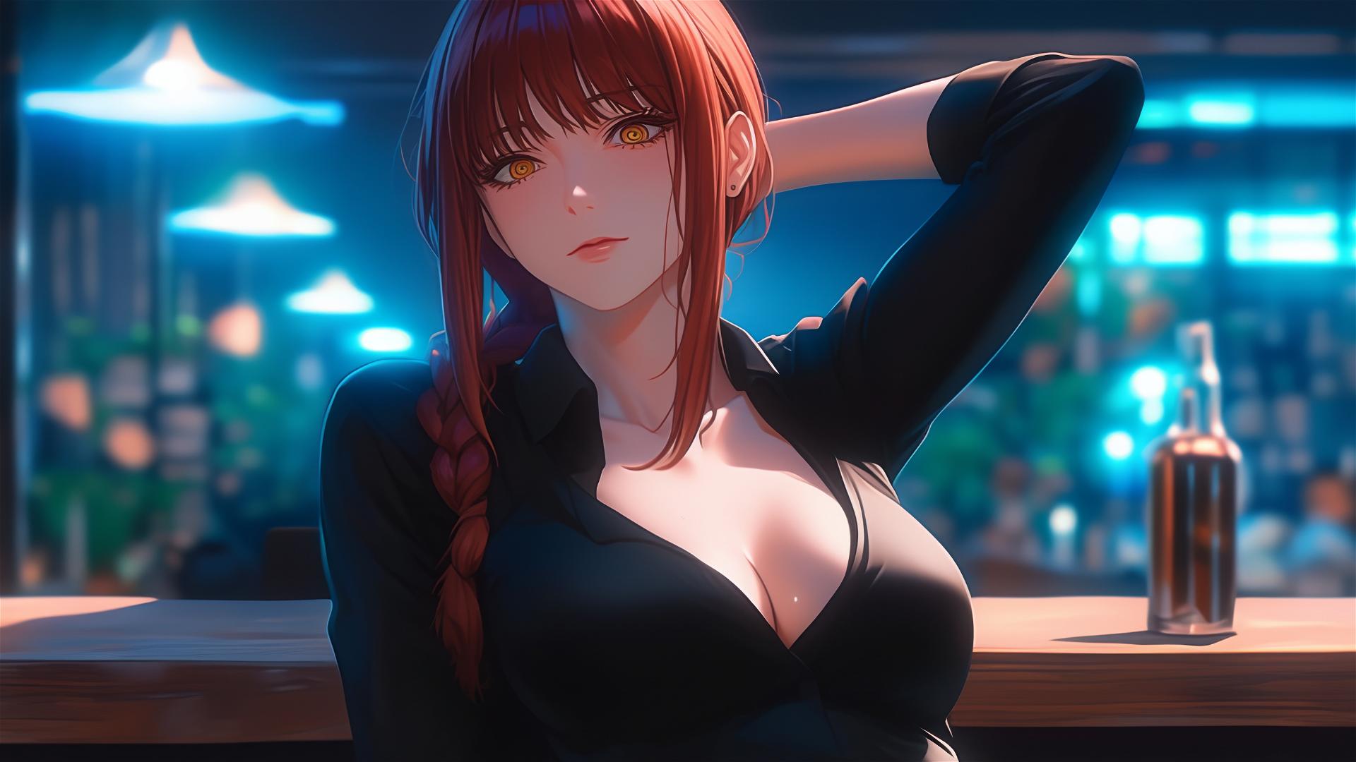 Makima from Chainsaw Man standing in a bar, focus on thighs, with red hair