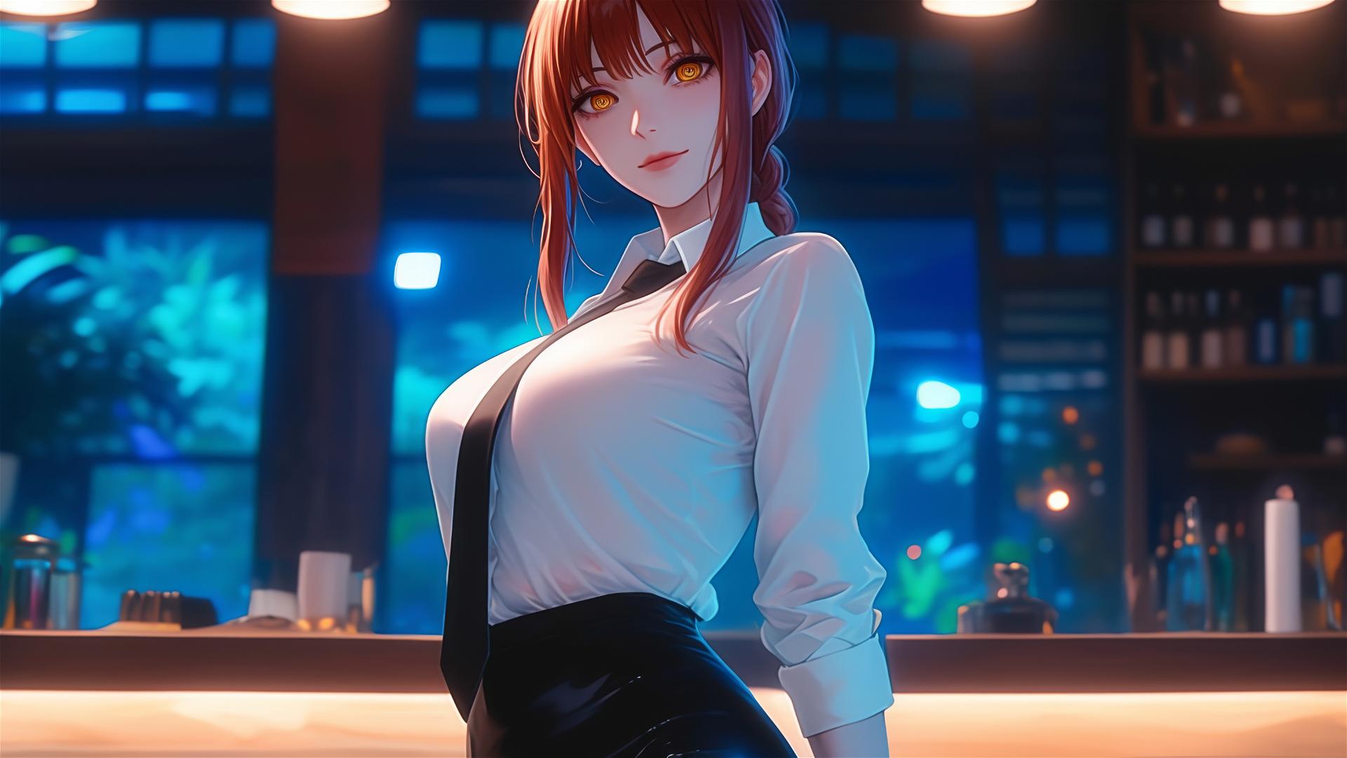 Makima from Chainsaw Man standing in a bar with a focus on thighs and red hair