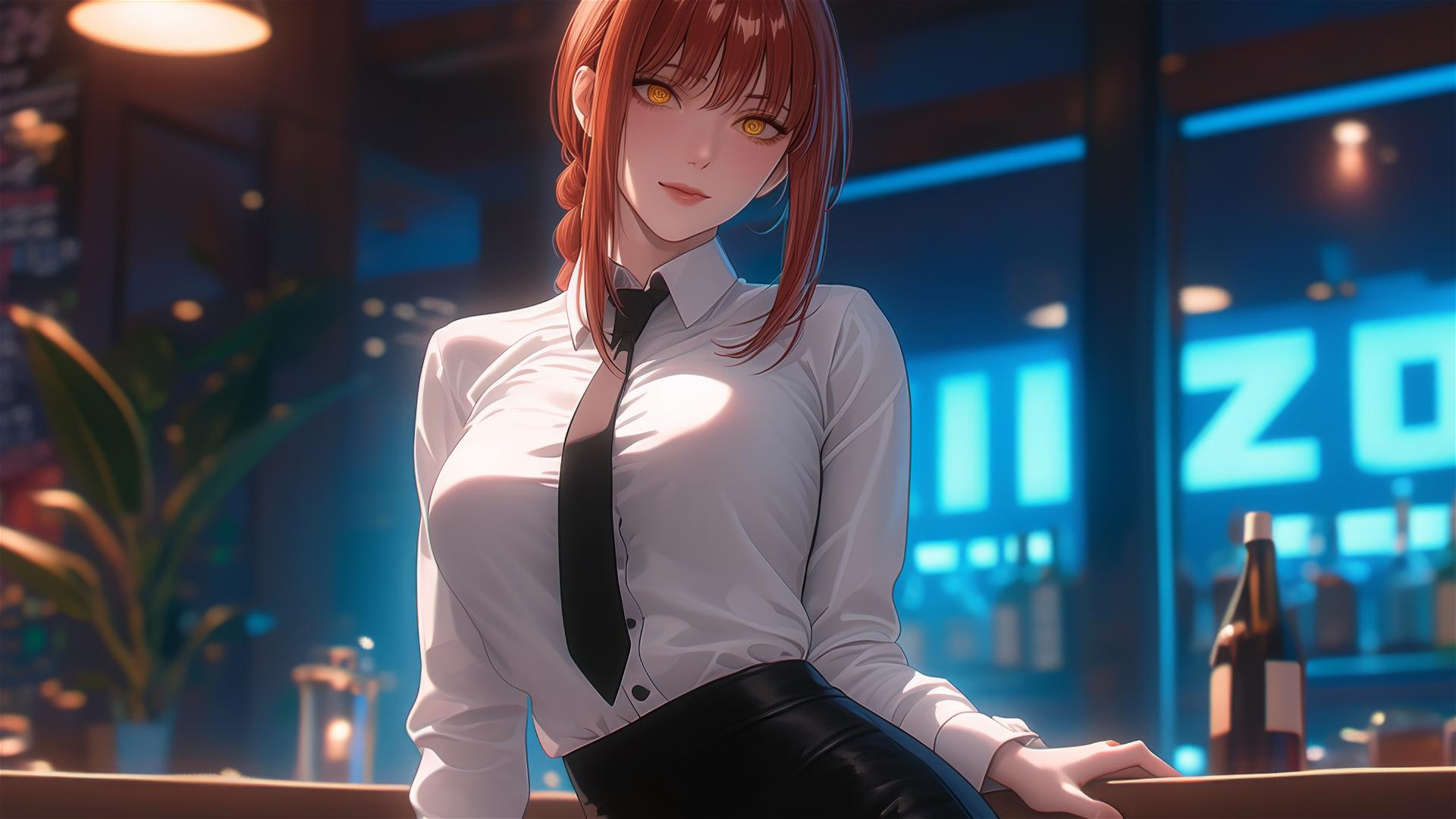 Makima from Chainsaw Man standing in a bar, focus on thighs, red hair