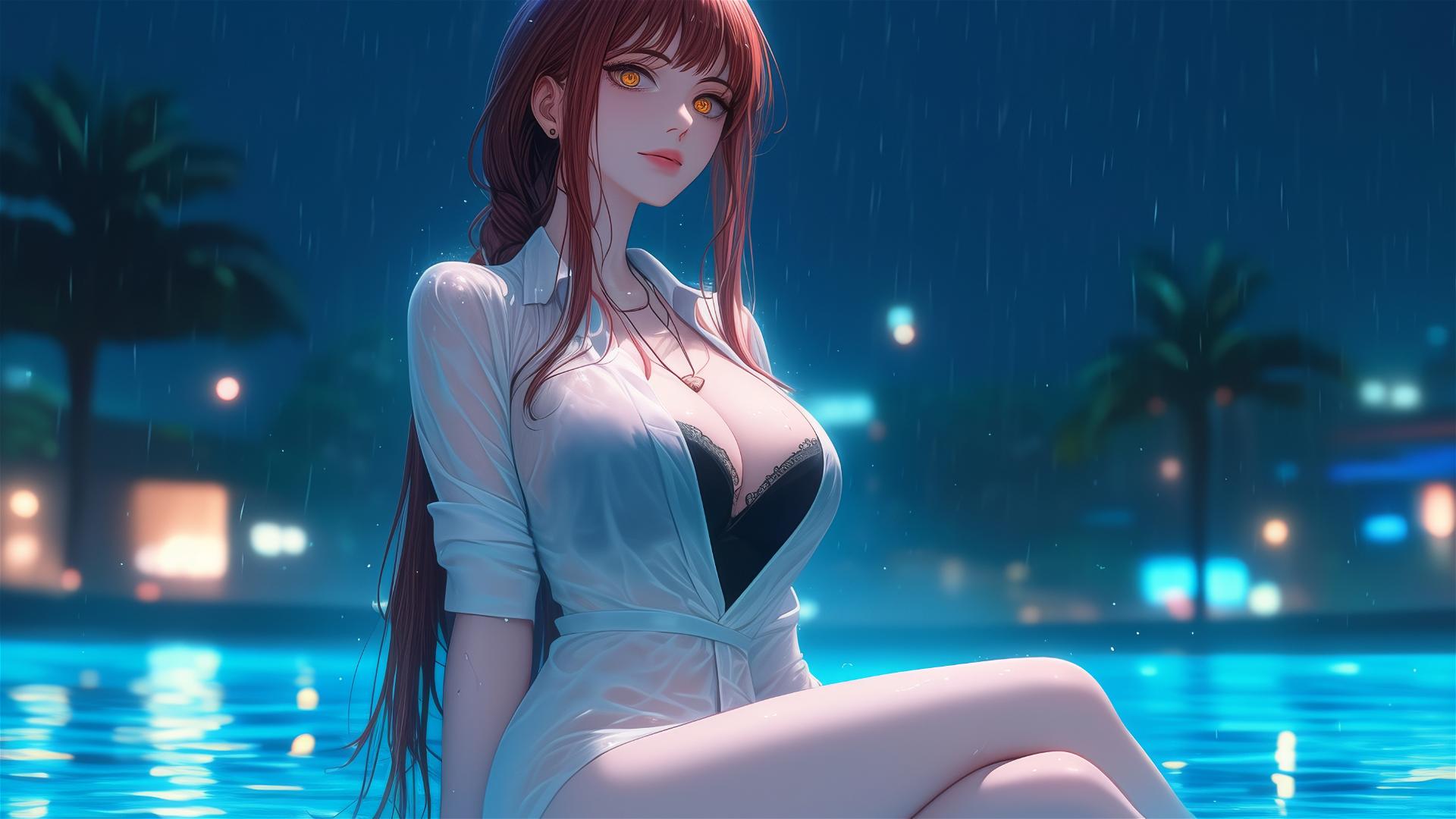 Makima resting by a rainy pool under moonlight, pink dress, mixed blonde and red hair