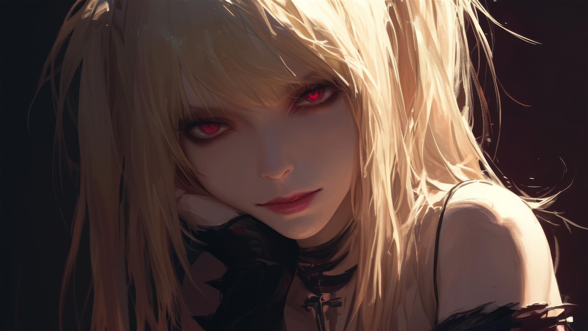 Isolated Misa Amane from Death Note with red eyes on dark background