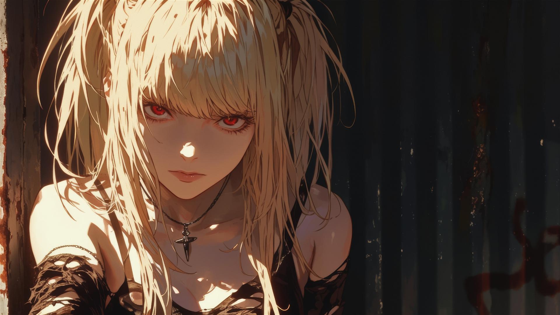 Misa Amane from Death Note with red eyes, thigh focus, and spotlight effect on dark background