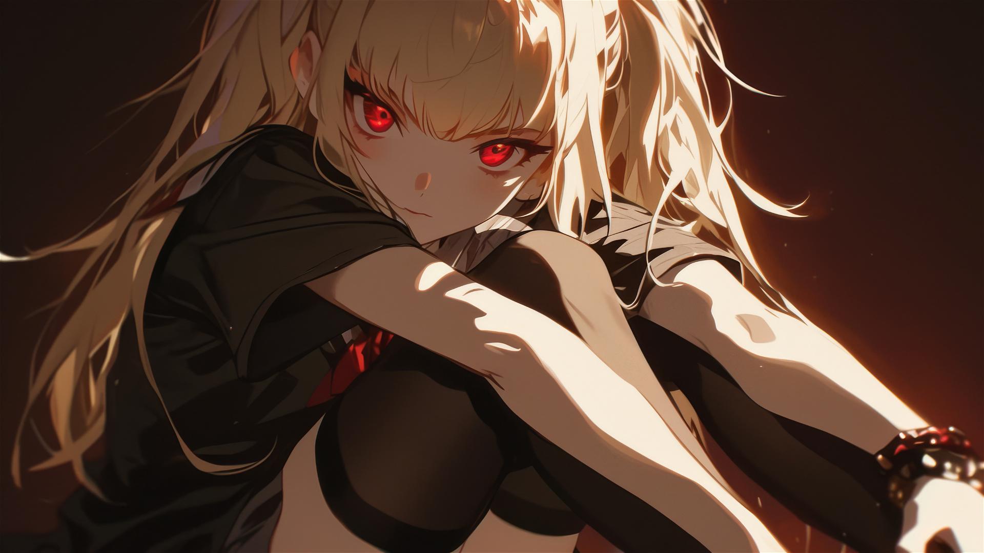 Misa Amane from Death Note with red eyes on dark background
