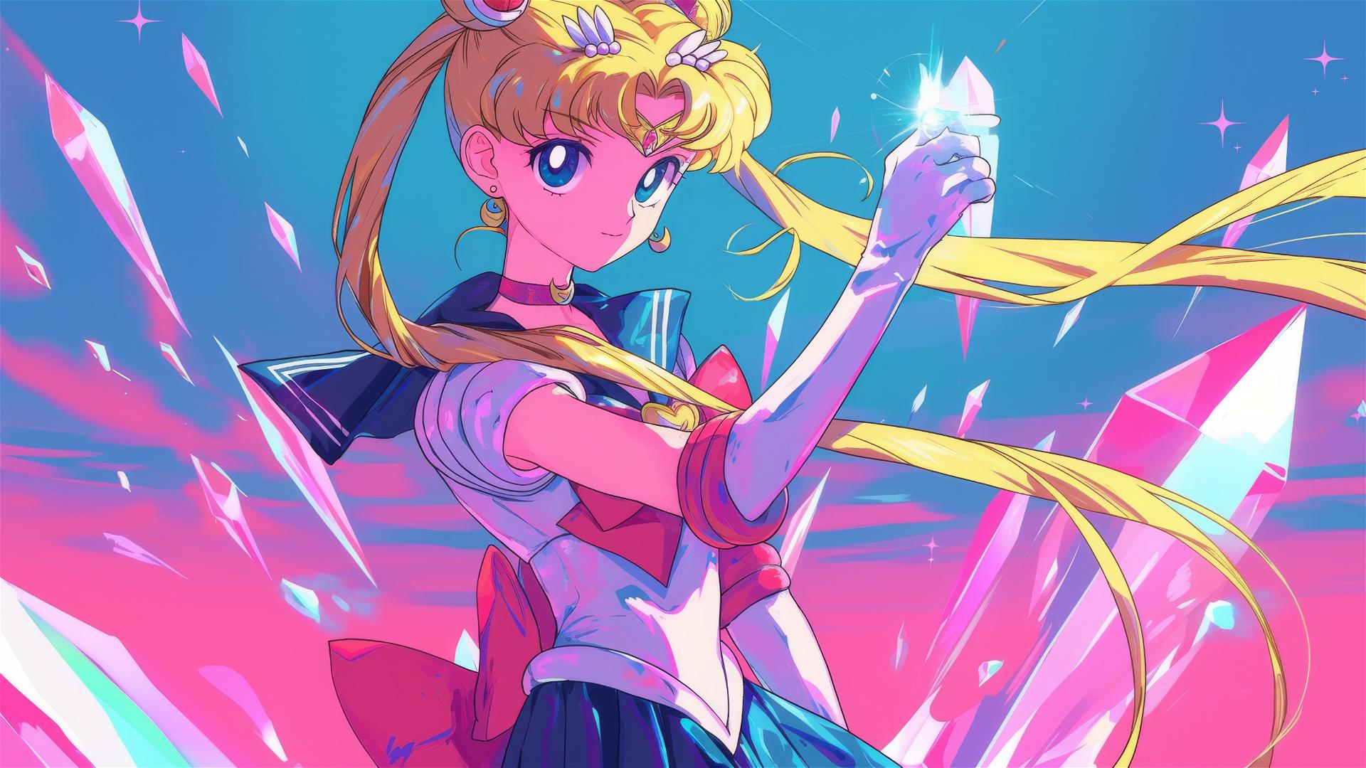 Sailor Moon in futuristic space suit on crystal-covered planet