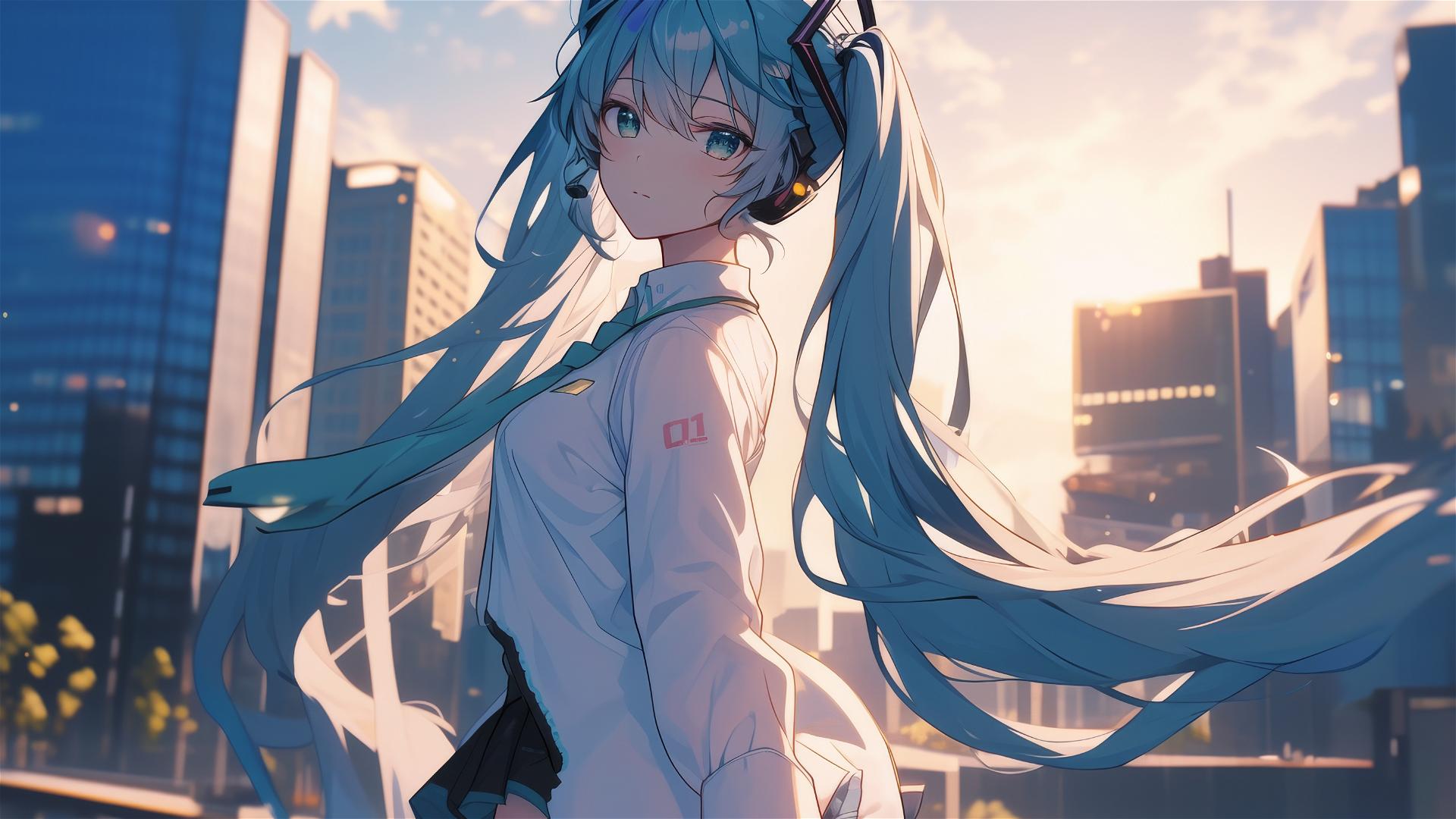 Hatsune Miku in white shirt against blurred cityscape