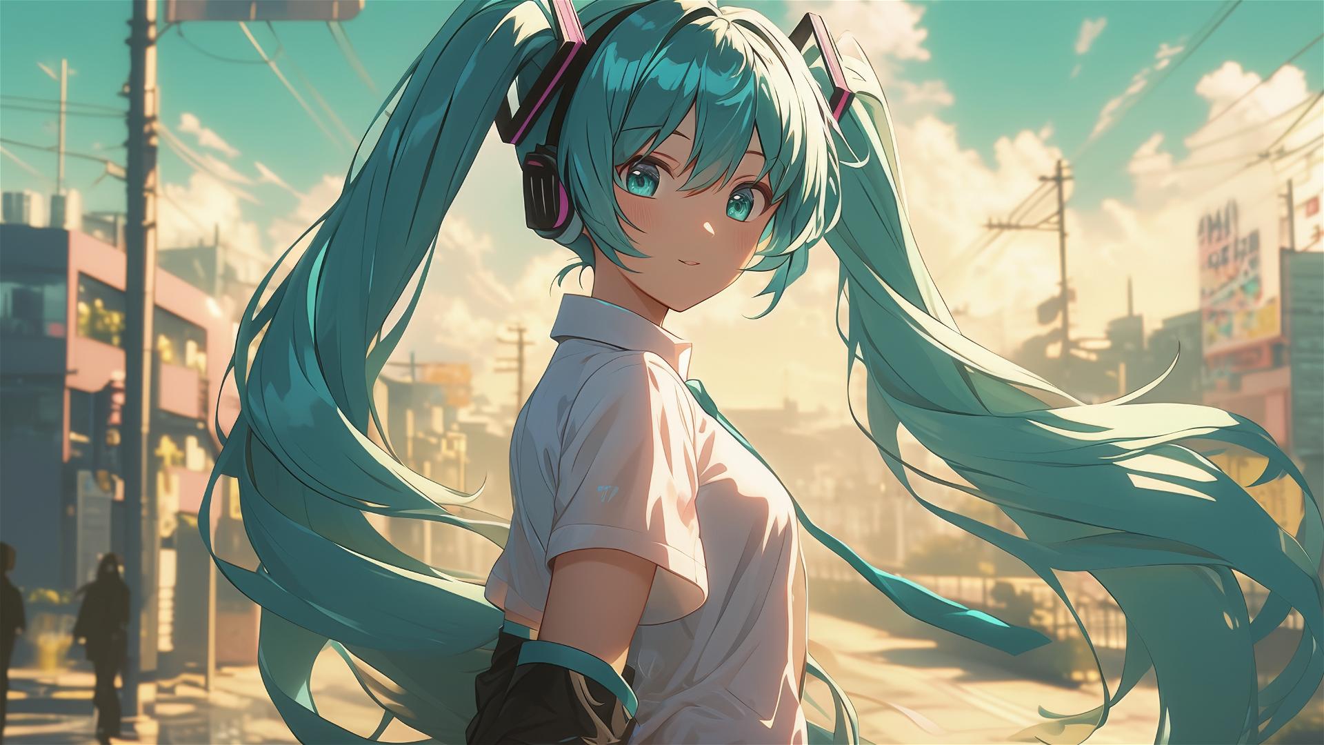 Hatsune Miku walking towards camera in white shirt, urban backdrop
