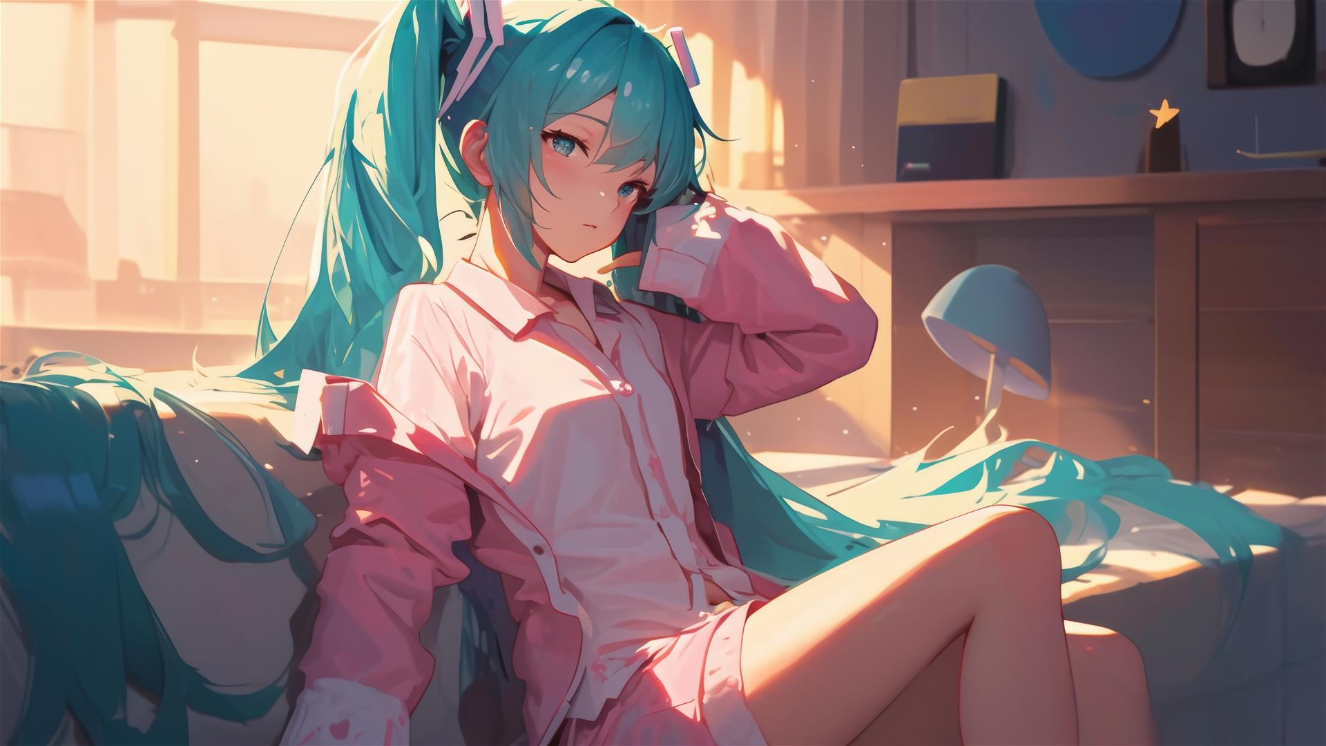 Hatsune Miku in pink pajamas resting in apartment at sunrise
