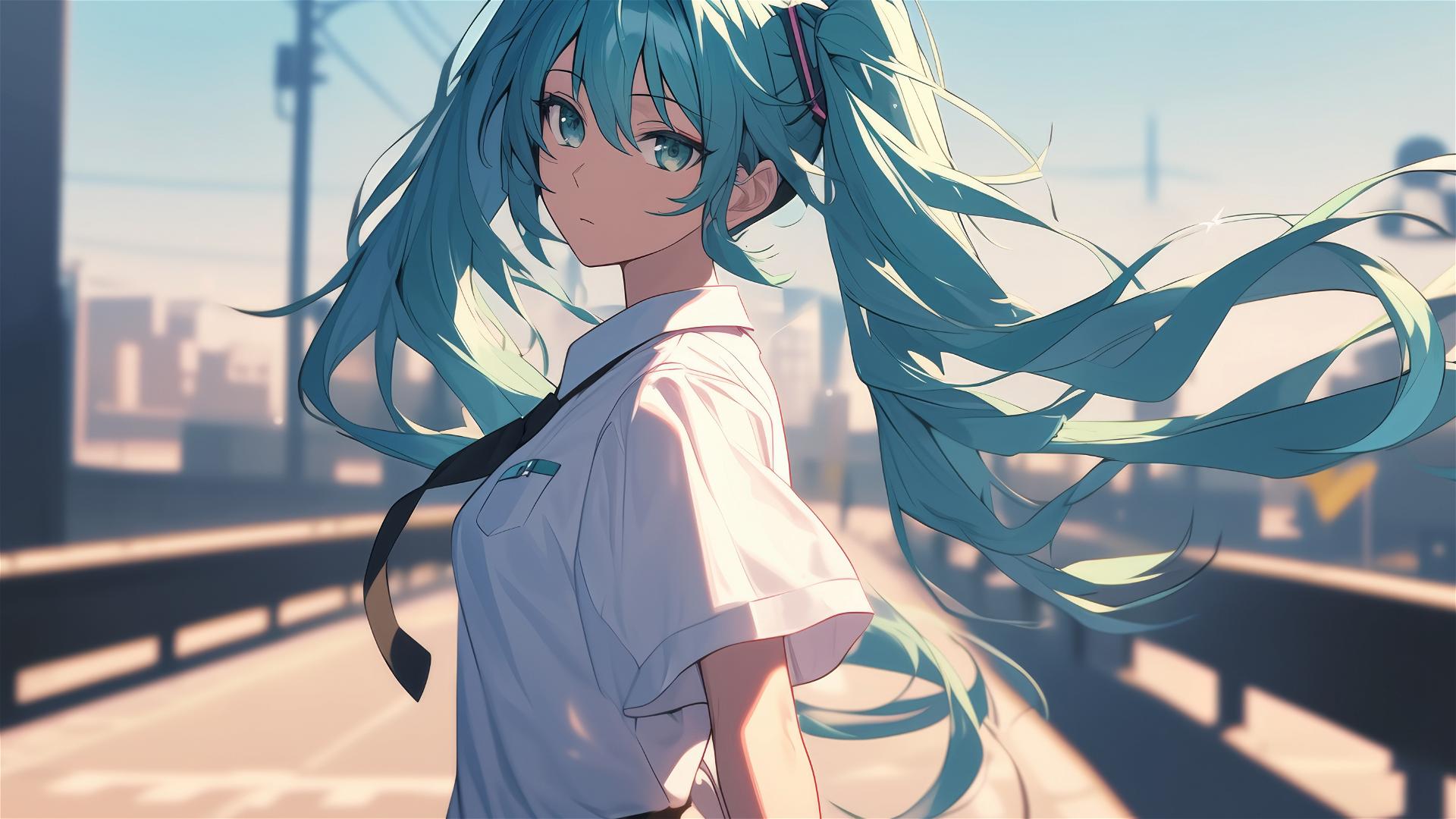 Hatsune Miku in white shirt walking in urban landscape