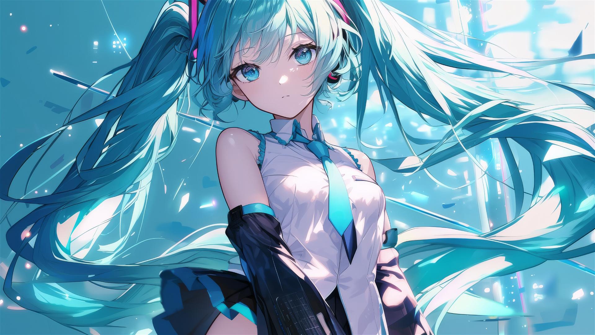 Isolated Hatsune Miku on blue background with spotlight