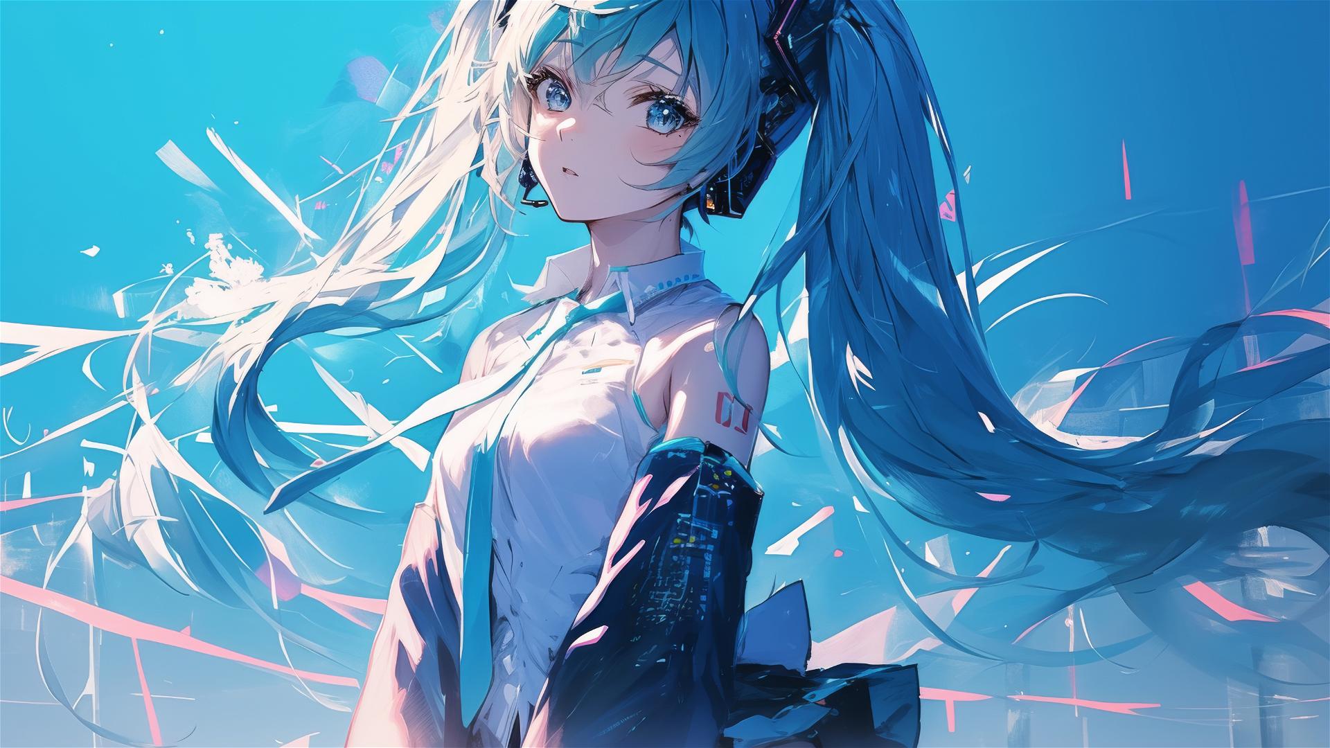Hatsune Miku from Vocaloid with spotlight effect on blue background