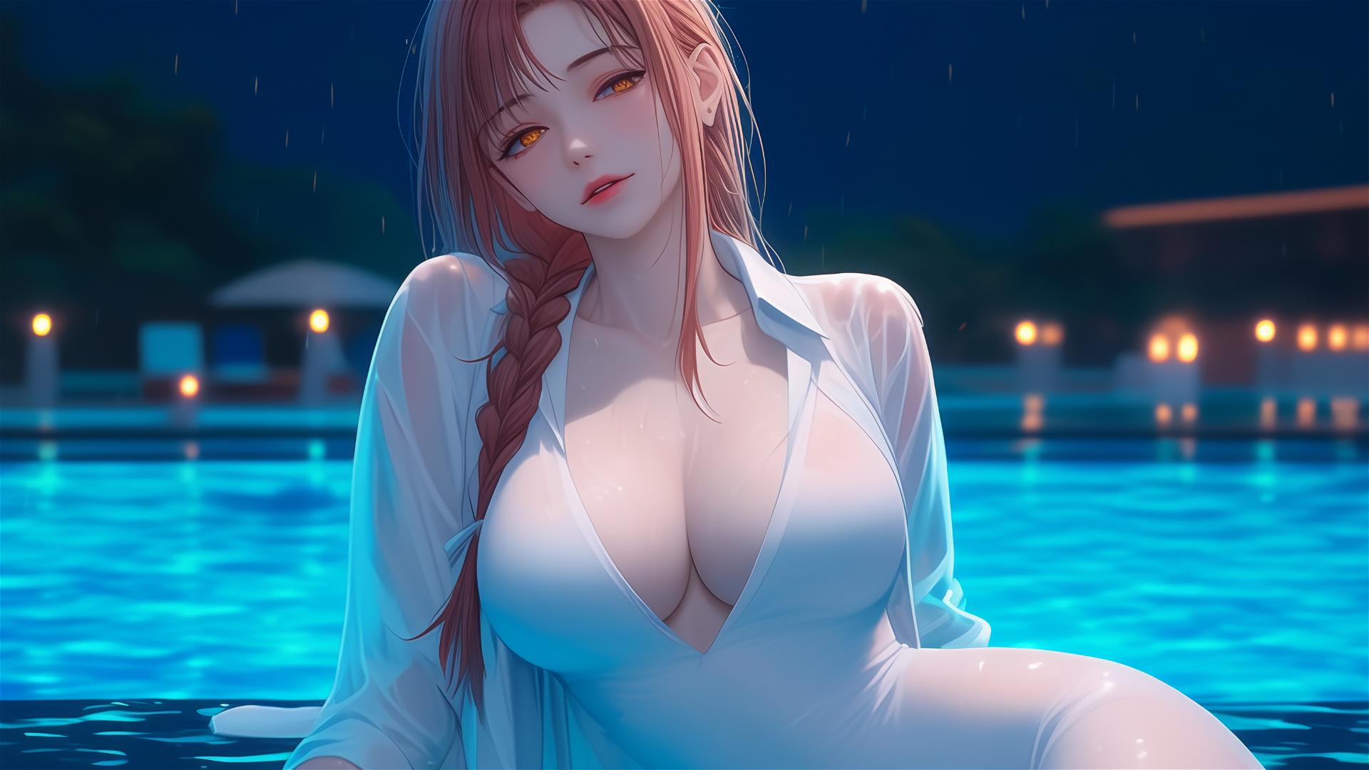 Makima from Chainsaw Man resting by a pool in moonlight, white dress, blond and reddish hair