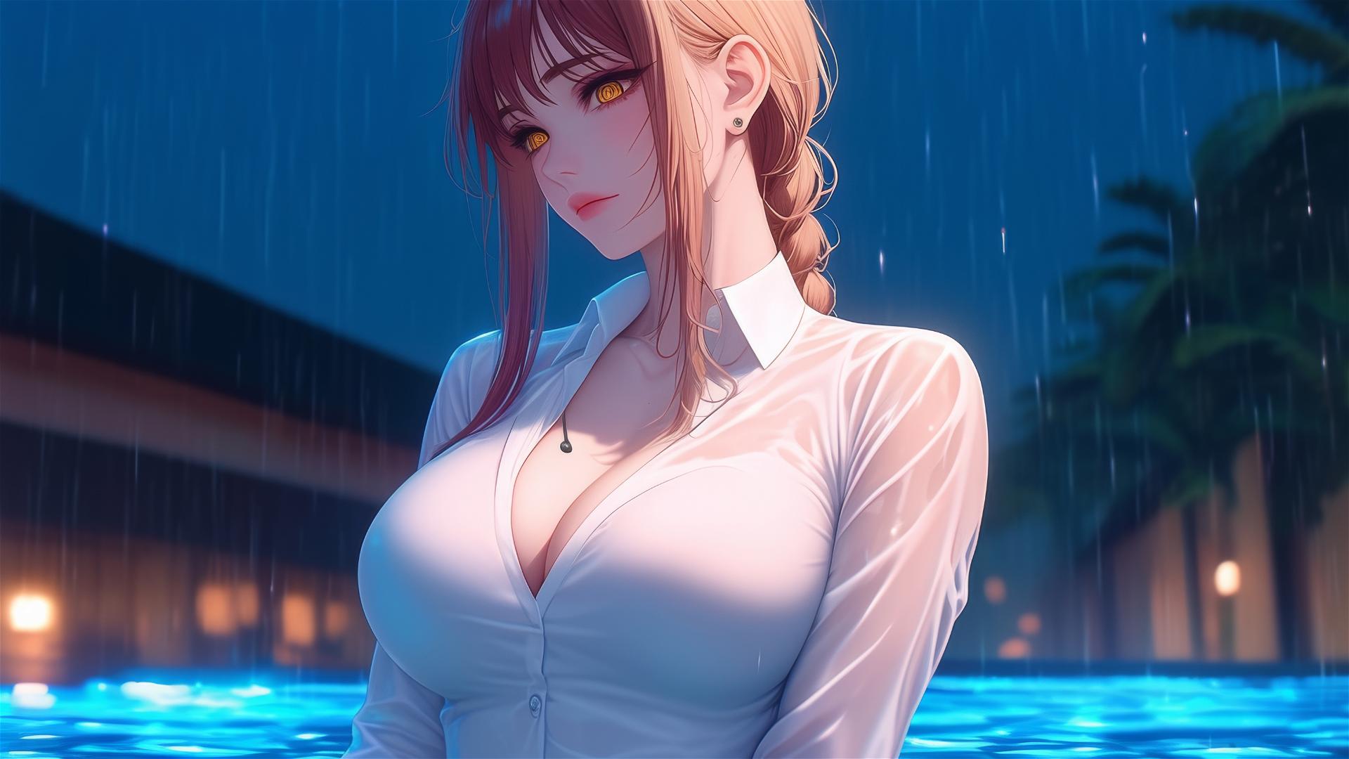 Makima from Chainsaw Man resting by a pool under moonlight, in a white dress.