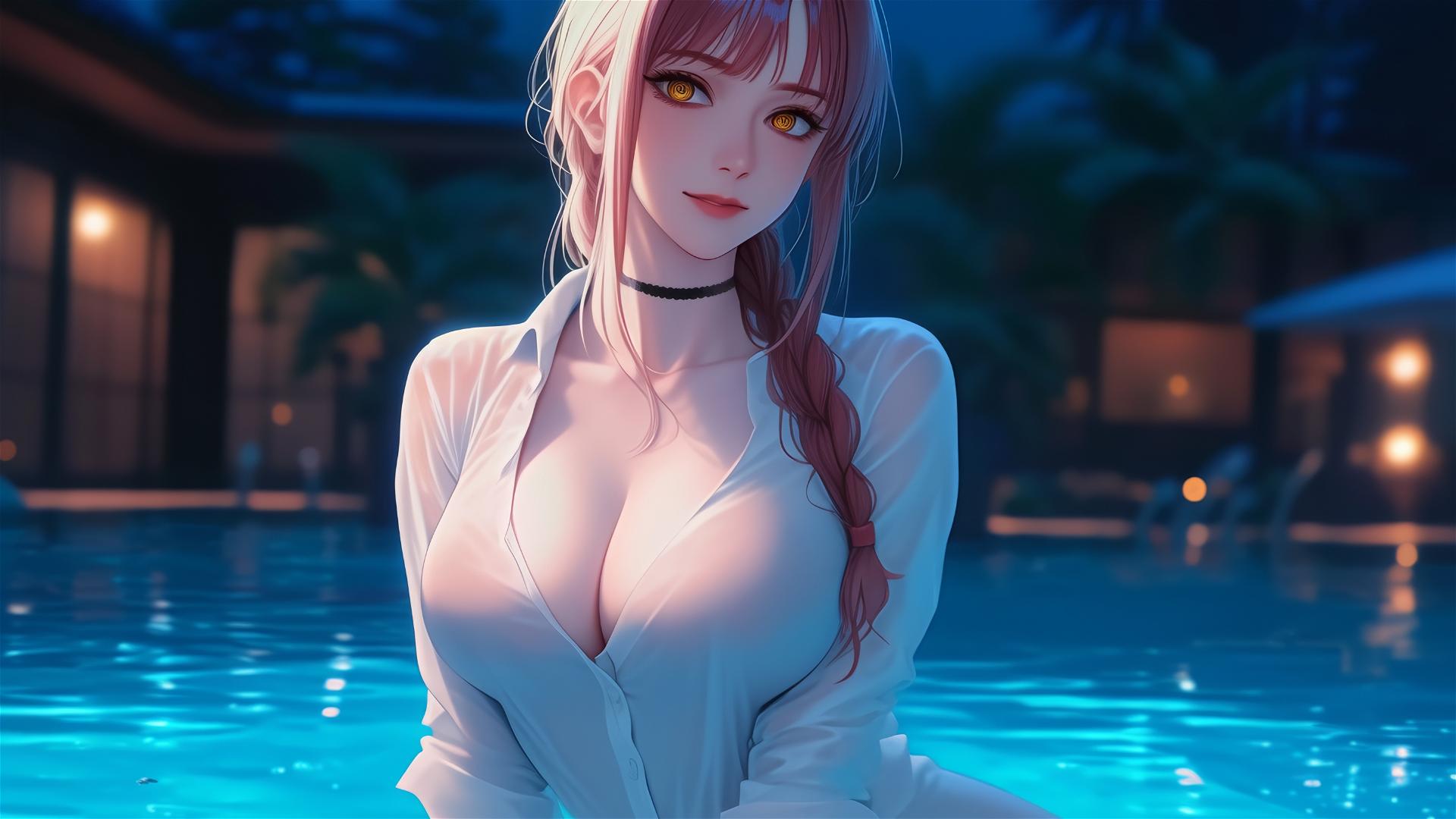 Makima from Chainsaw Man resting by a pool under moonlight