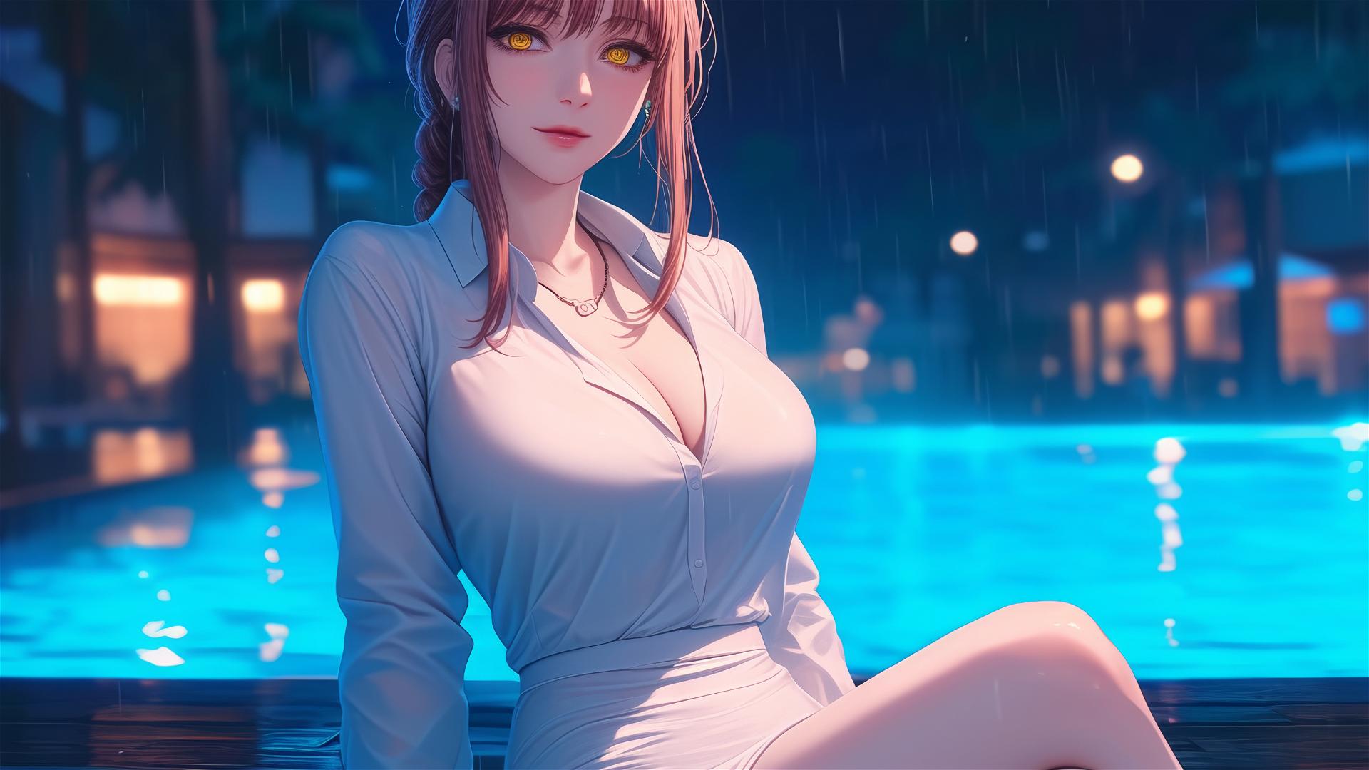 Makima from Chainsaw Man resting by a rainy swimming pool under moonlight