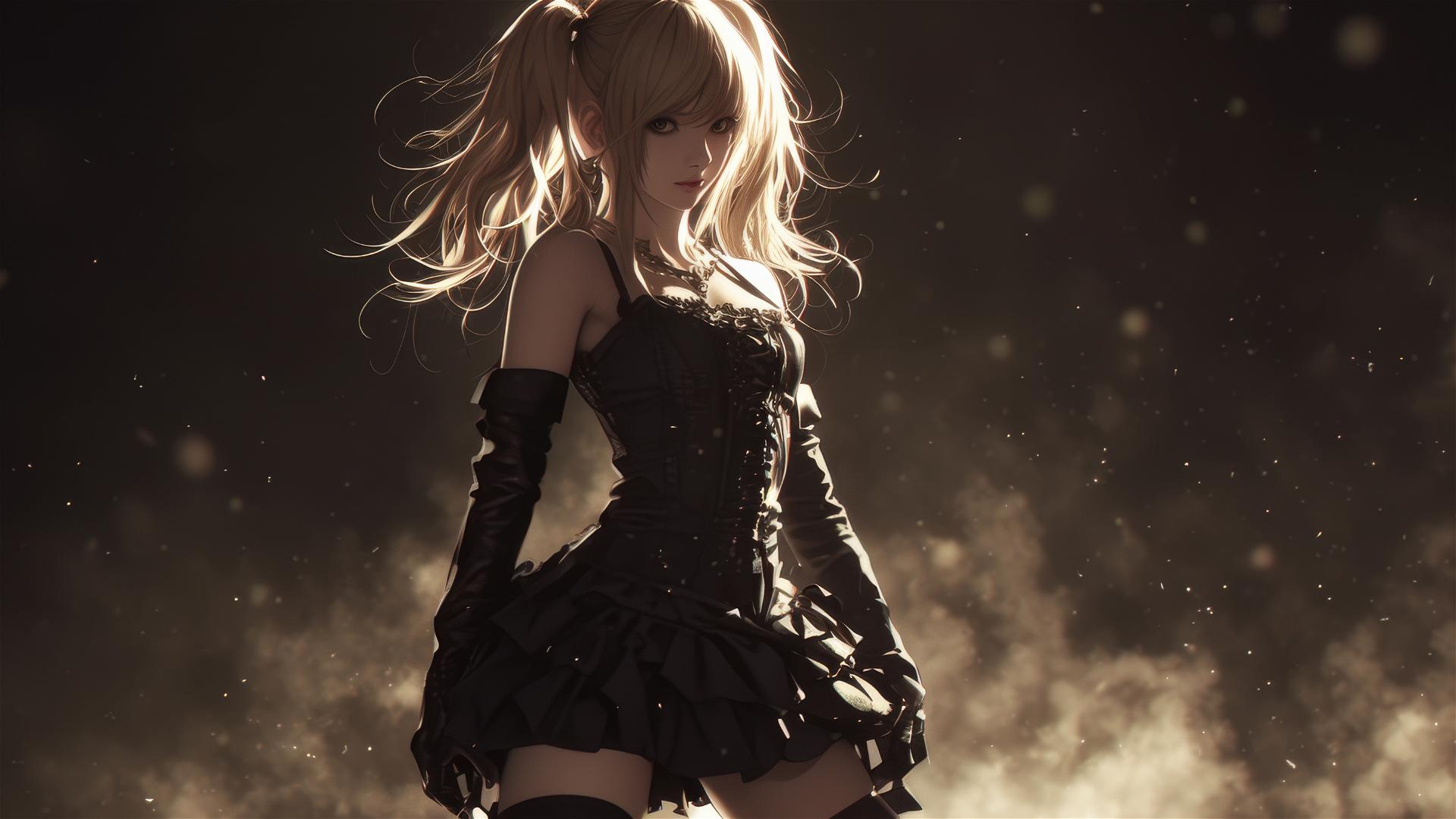 Isolated shot of Misa Amane from Death Note on a dark background with dynamic pose emphasizing her thigh under spotlight.