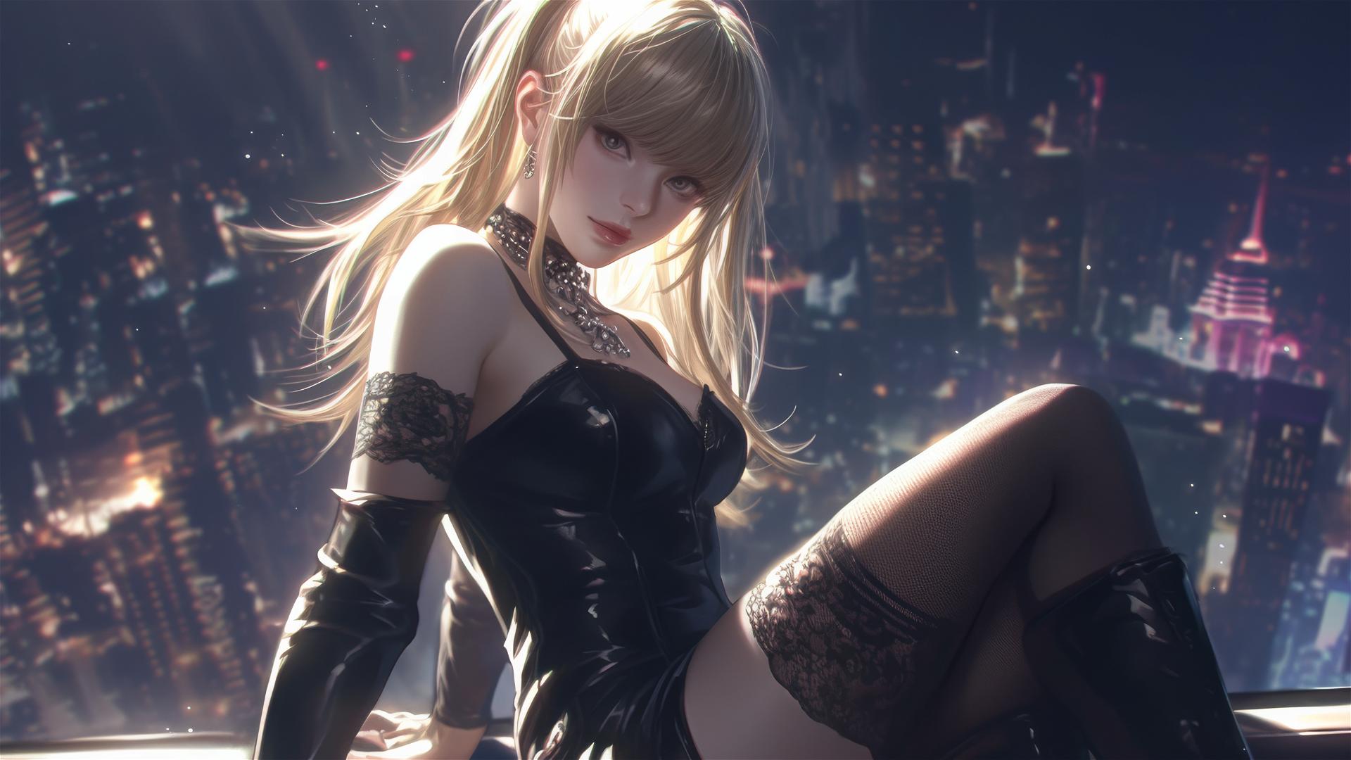 An isolated shot of Misa Amane from Death Note on a dark background, showcased in a dynamic pose with a spotlight effect highlighting the thigh