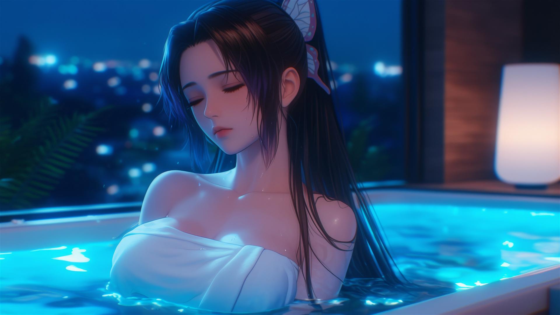 Shinobu Kocho from Demon Slayer resting in tub under moon light