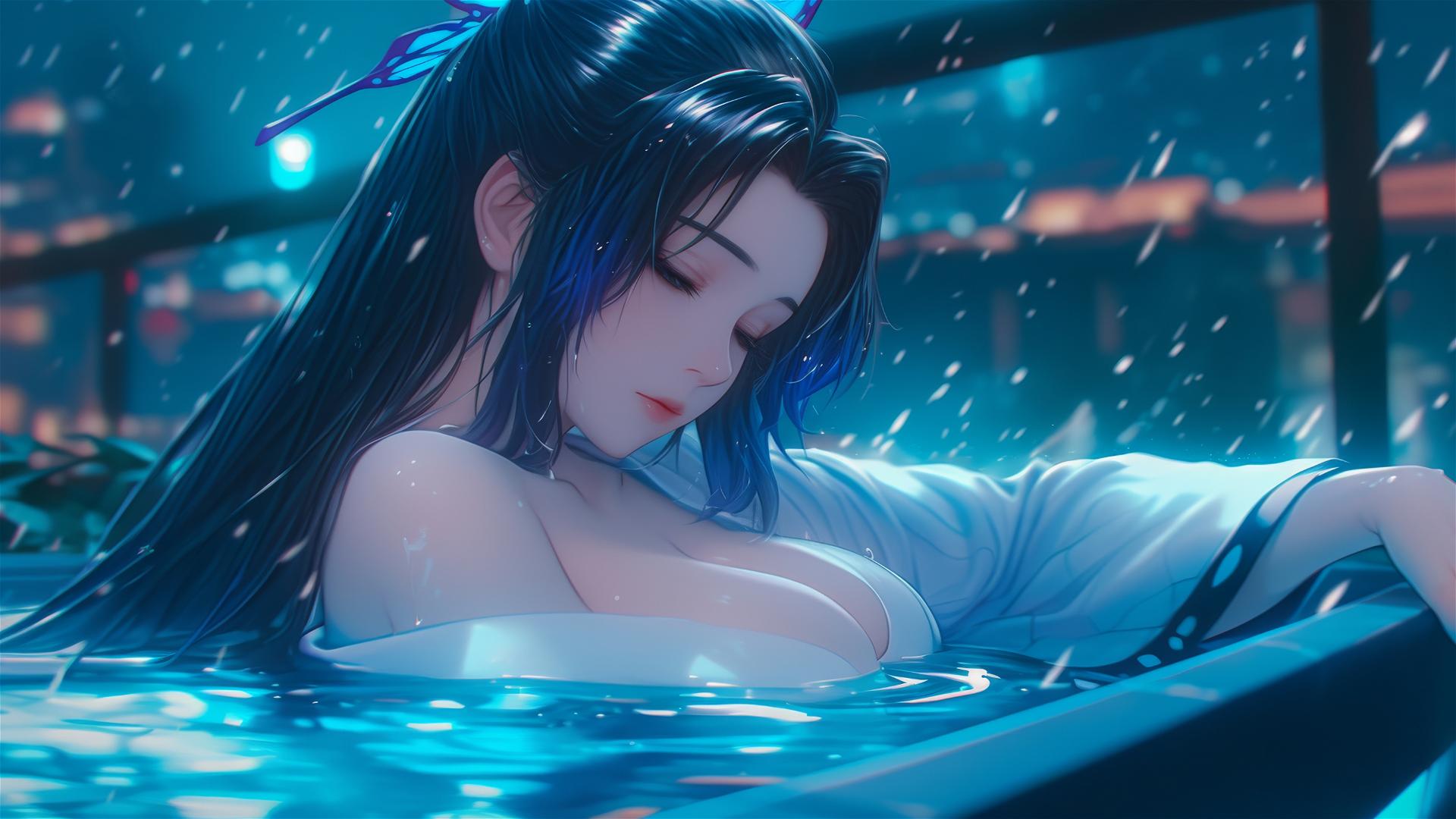 Shinobu Kocho, Demon Slayer character, resting in apartment tub under moonlight