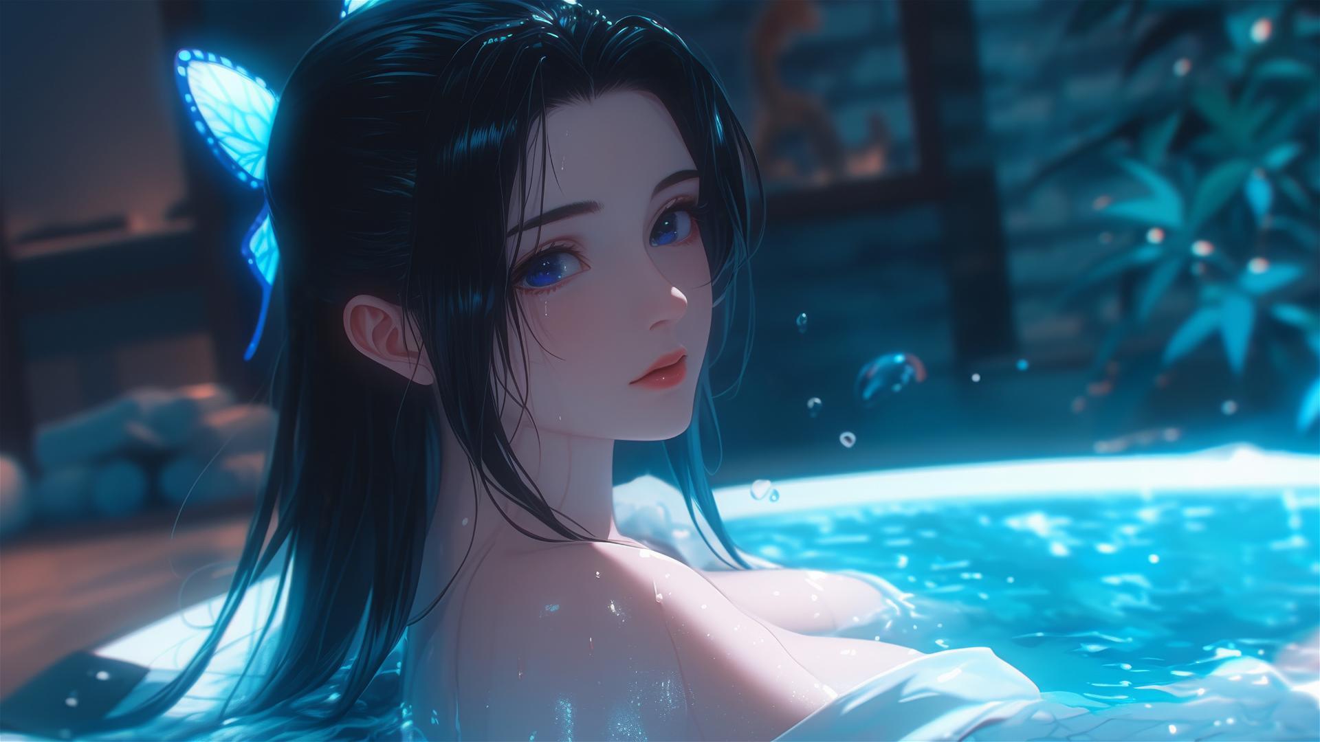 Shinobu Kocho from Demon Slayer relaxing in her apartment tub under moonlight
