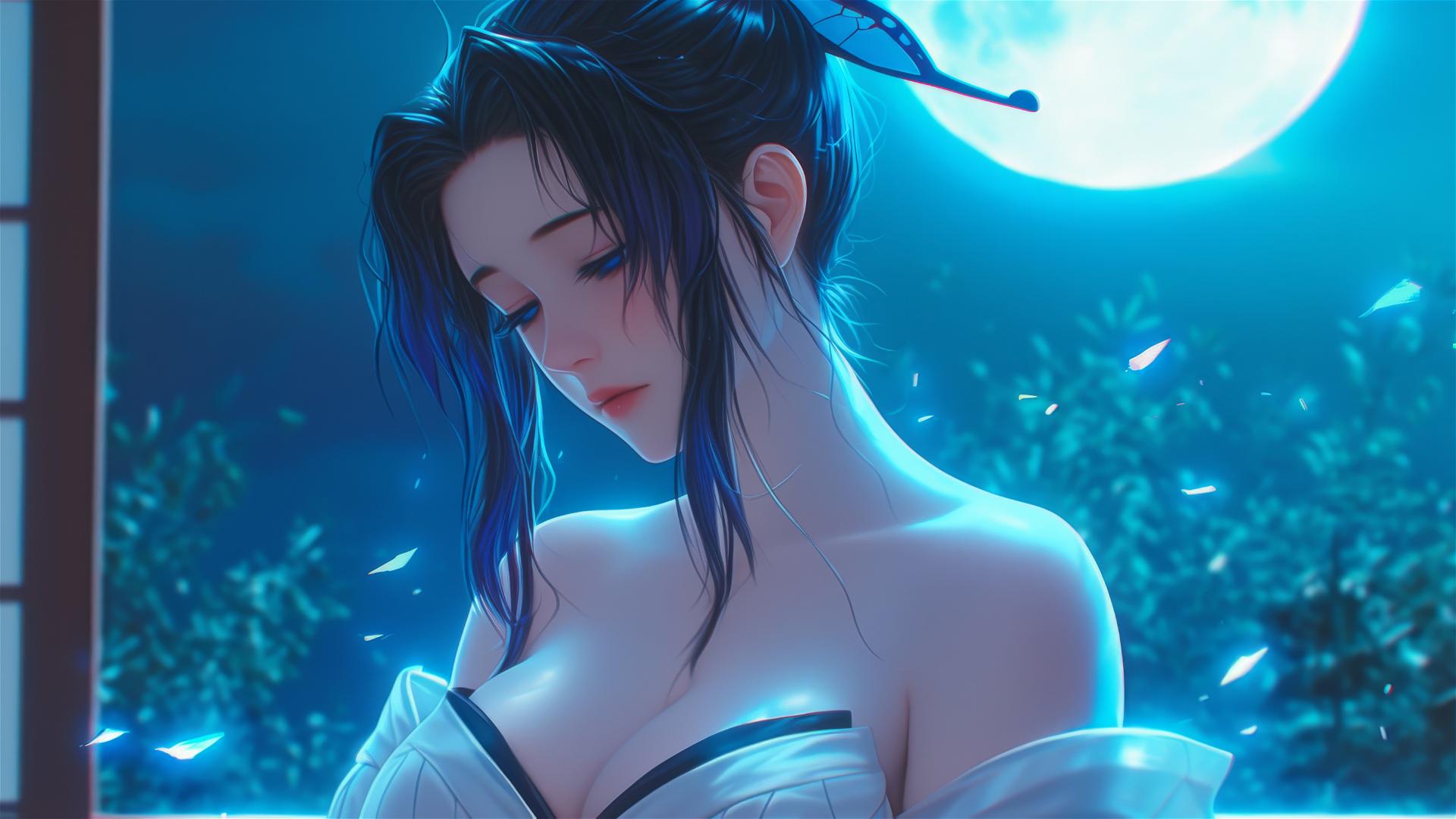 Shinobu Kocho of Demon Slayer resting in a tub under moonlit glow
