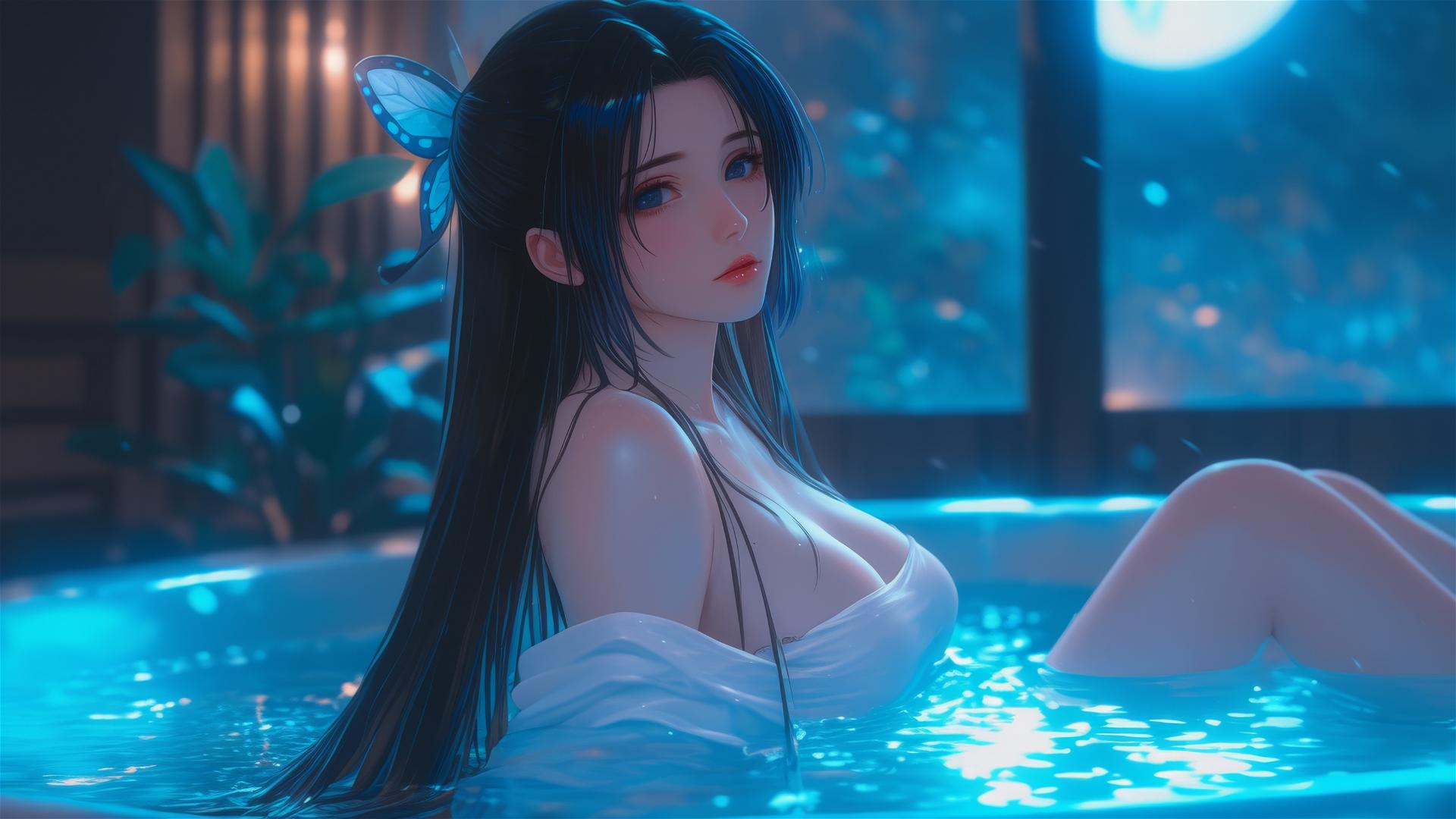 Shinobu Kocho from Demon Slayer resting in tub under moonlight