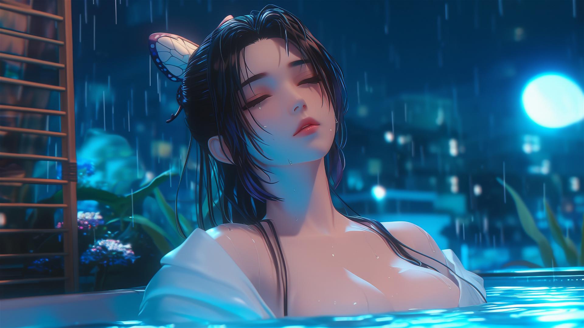 Shinobu Kocho from Demon Slayer resting in a tub under the moonlight