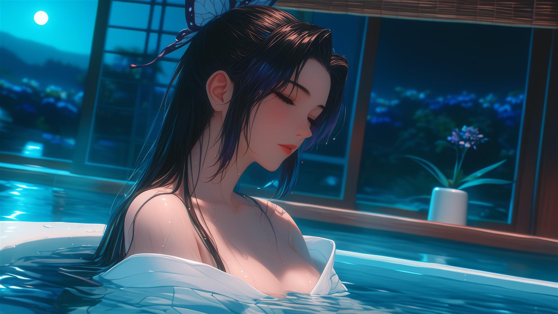 Shinobu Kocho from Demon Slayer resting in her apartment tub under moonlight