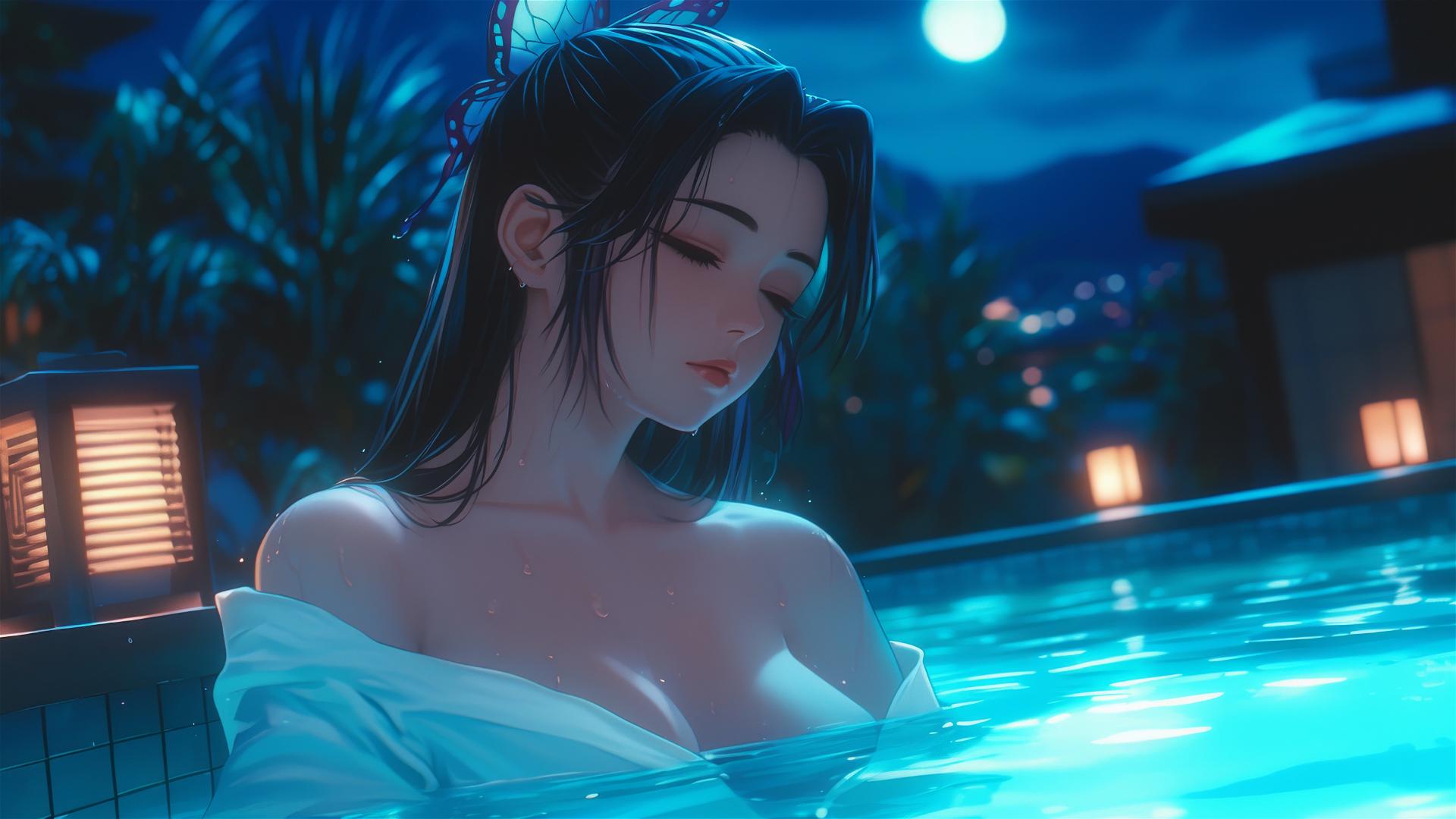 Shinobu Kocho of Demon Slayer resting in a tub under moonlight