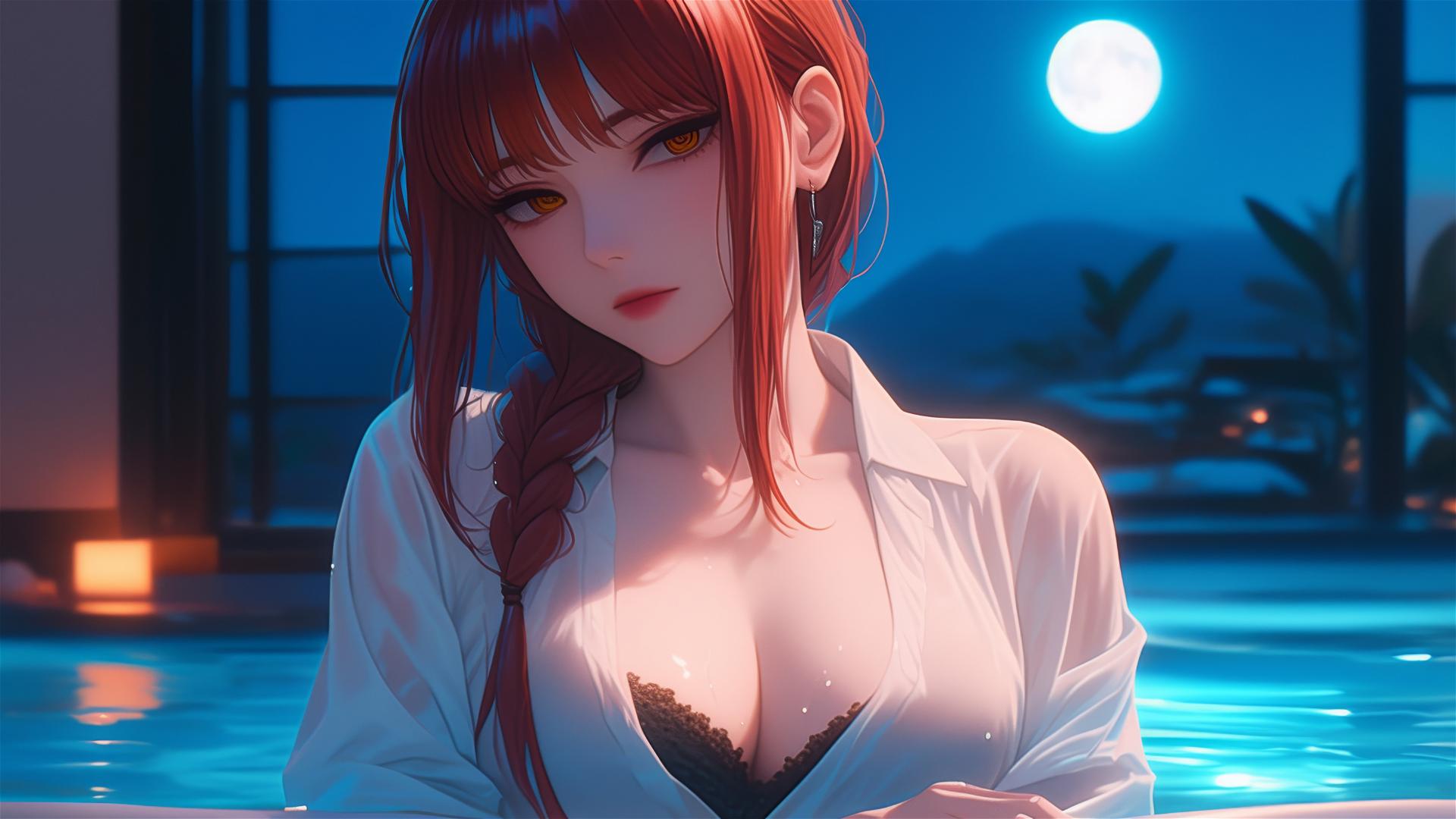 Makima from Chainsaw Man resting in a tub under moonlight with reddish hair
