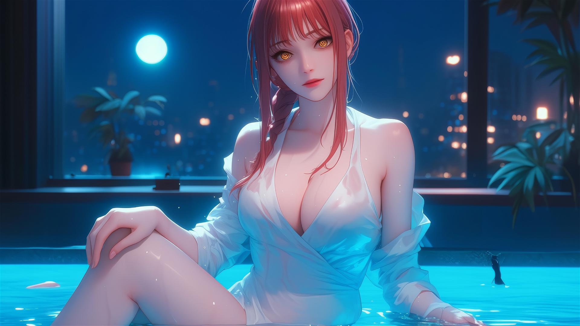 Makima from Chainsaw Man resting in apartment tub under moonlight, blond and redish hair