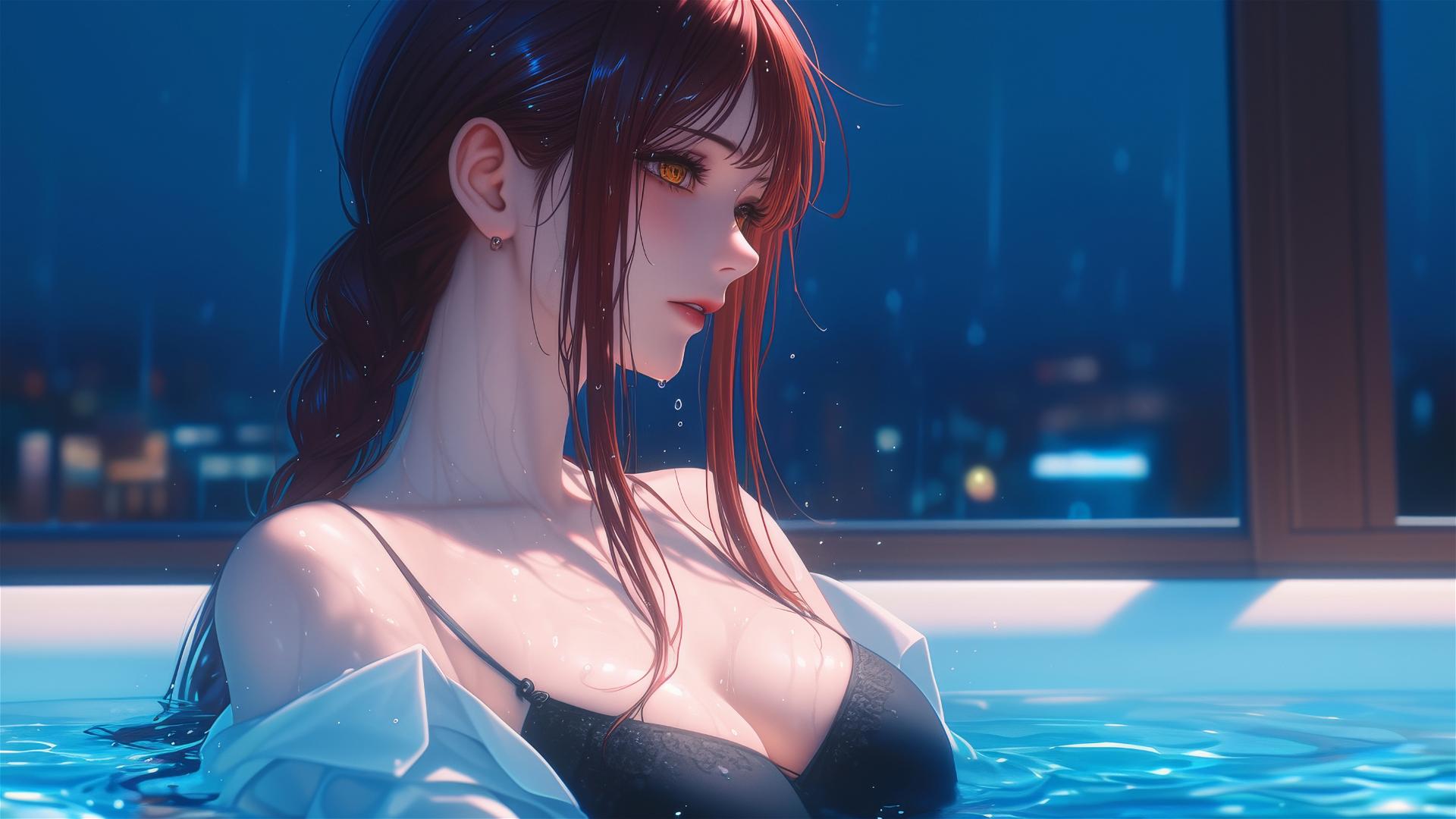Makima from Chainsaw Man resting in a tub under moonlight with red hair