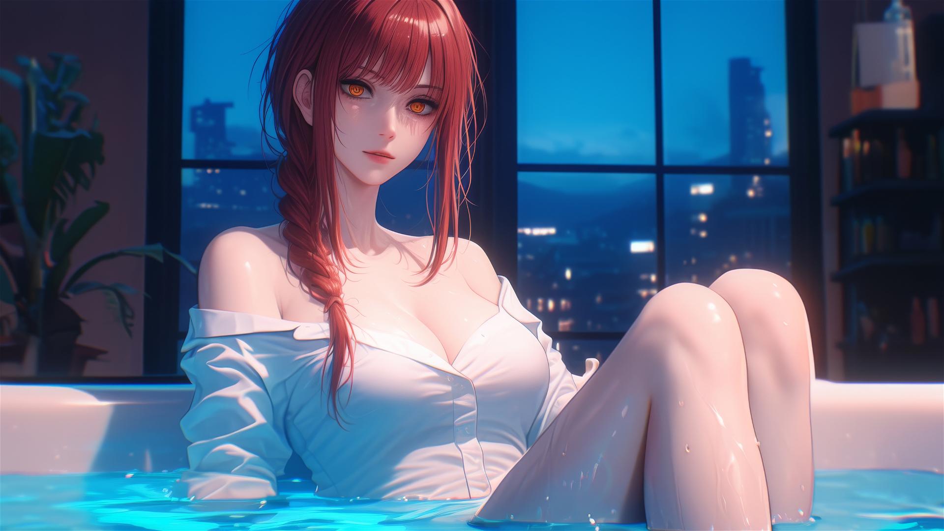 Makima from Chainsaw Man resting in a tub, moonlight on red hair