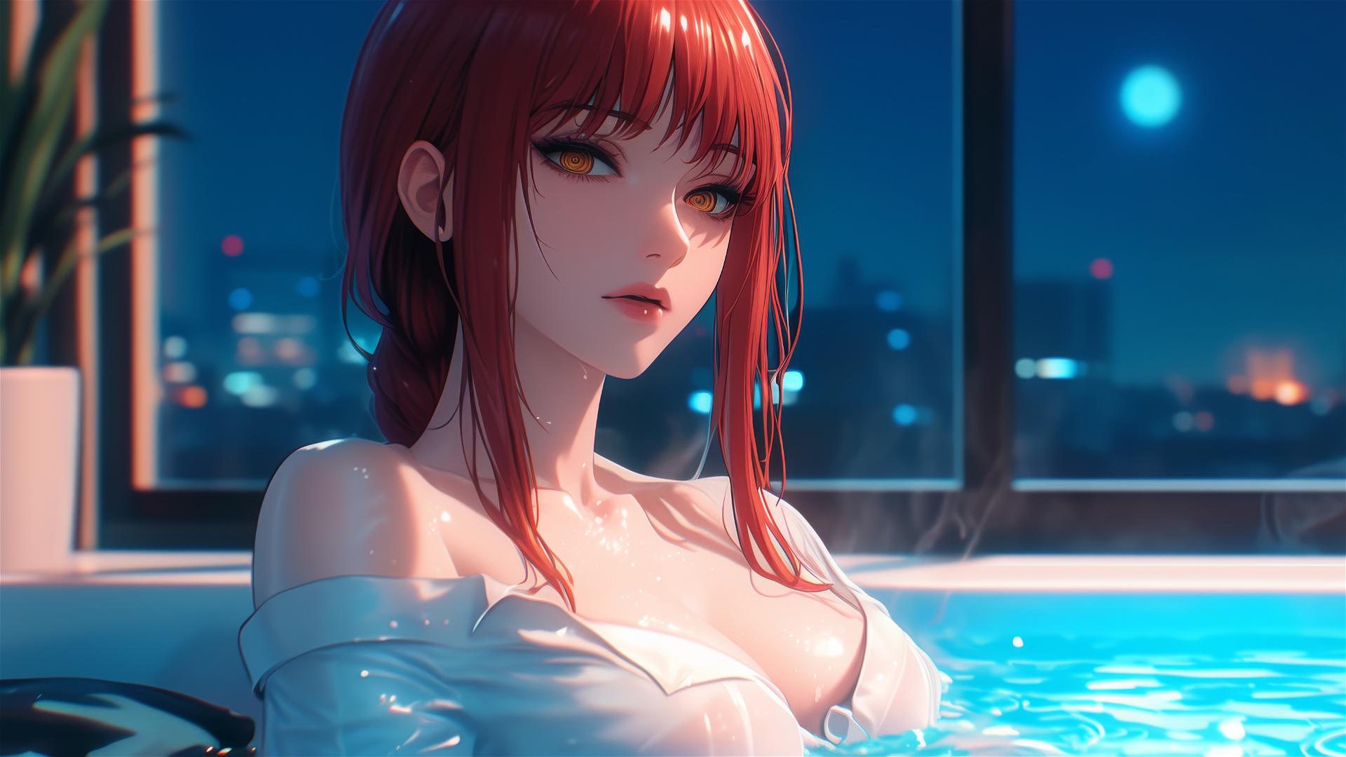 Makima resting in a tub, moonlight on red hair