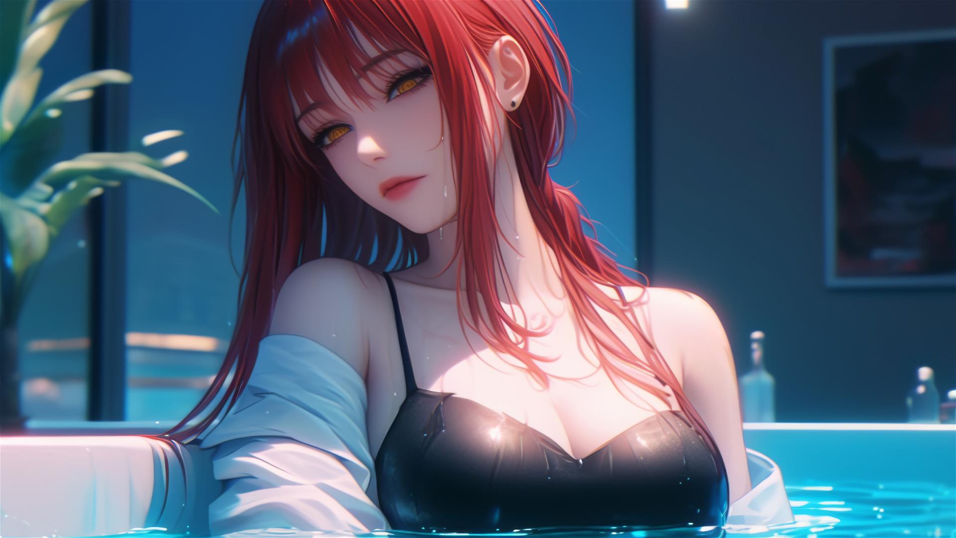 Makima from Chainsaw Man in tub, moonlight glow on red hair