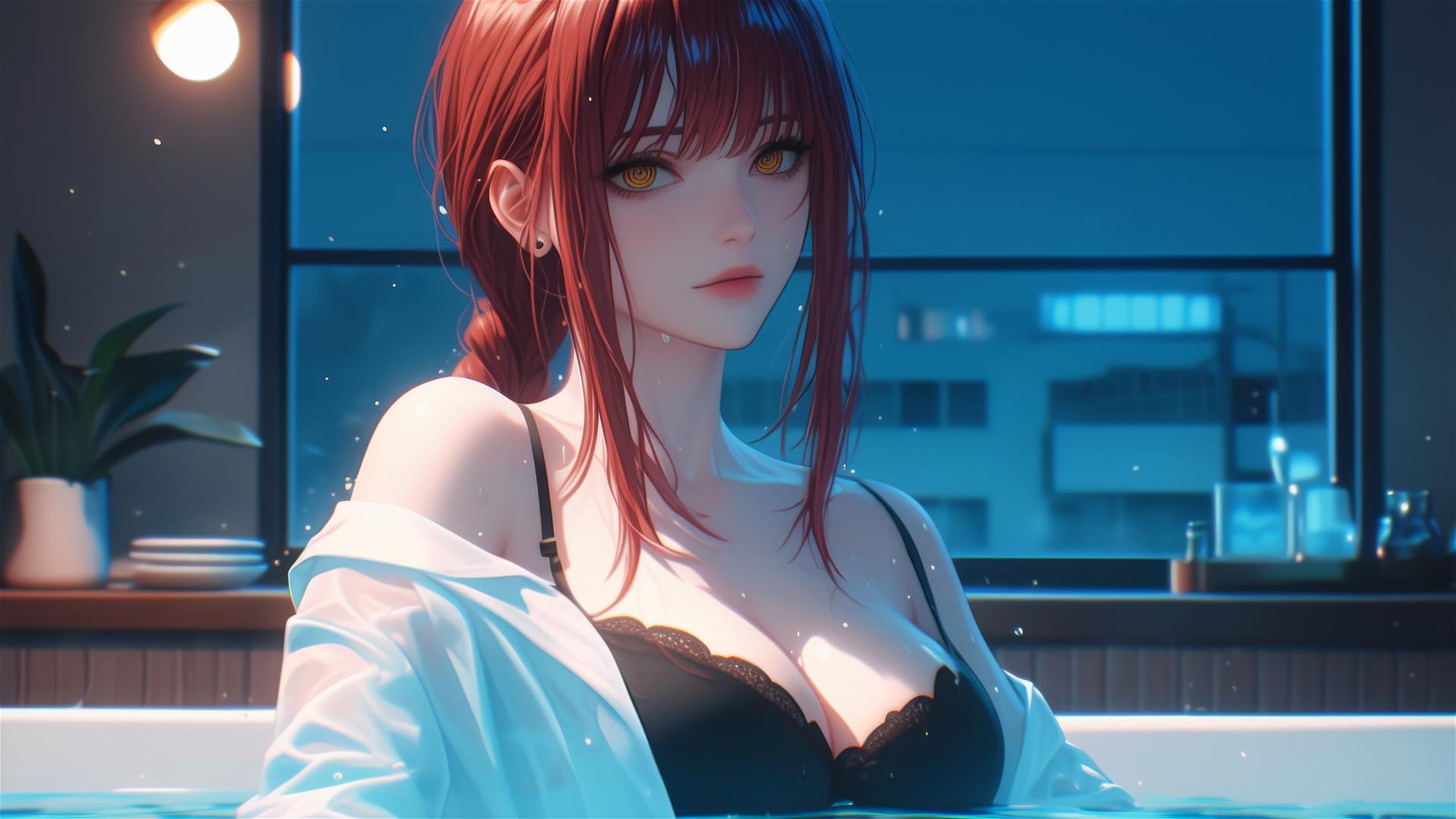 Makima from Chainsaw Man resting in tub with moonlit red hair