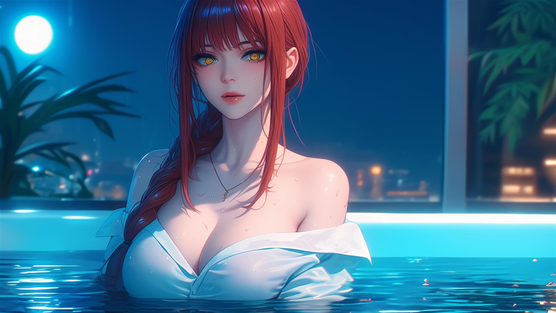 Makima from Chainsaw Man resting in a tub under moonlight
