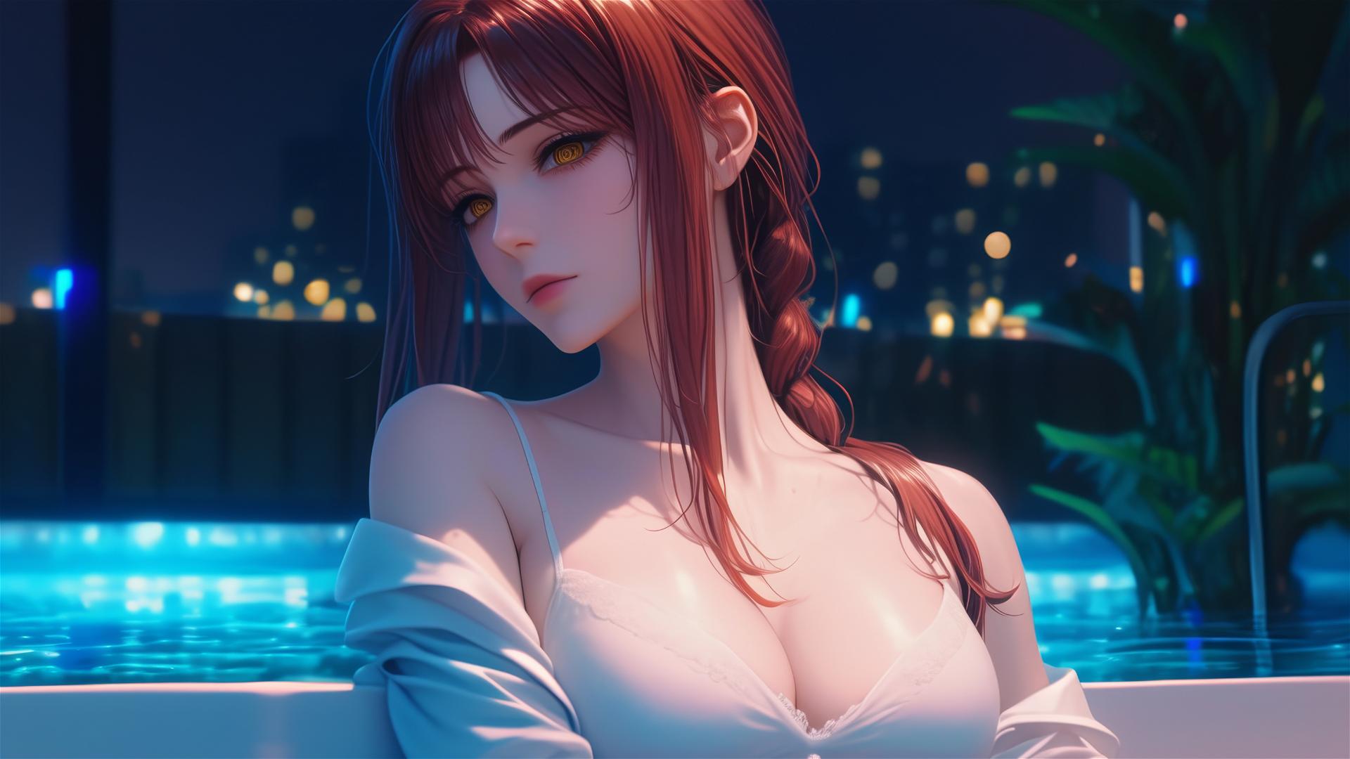 Makima from Chainsaw Man in tub, moonlight on her red hair