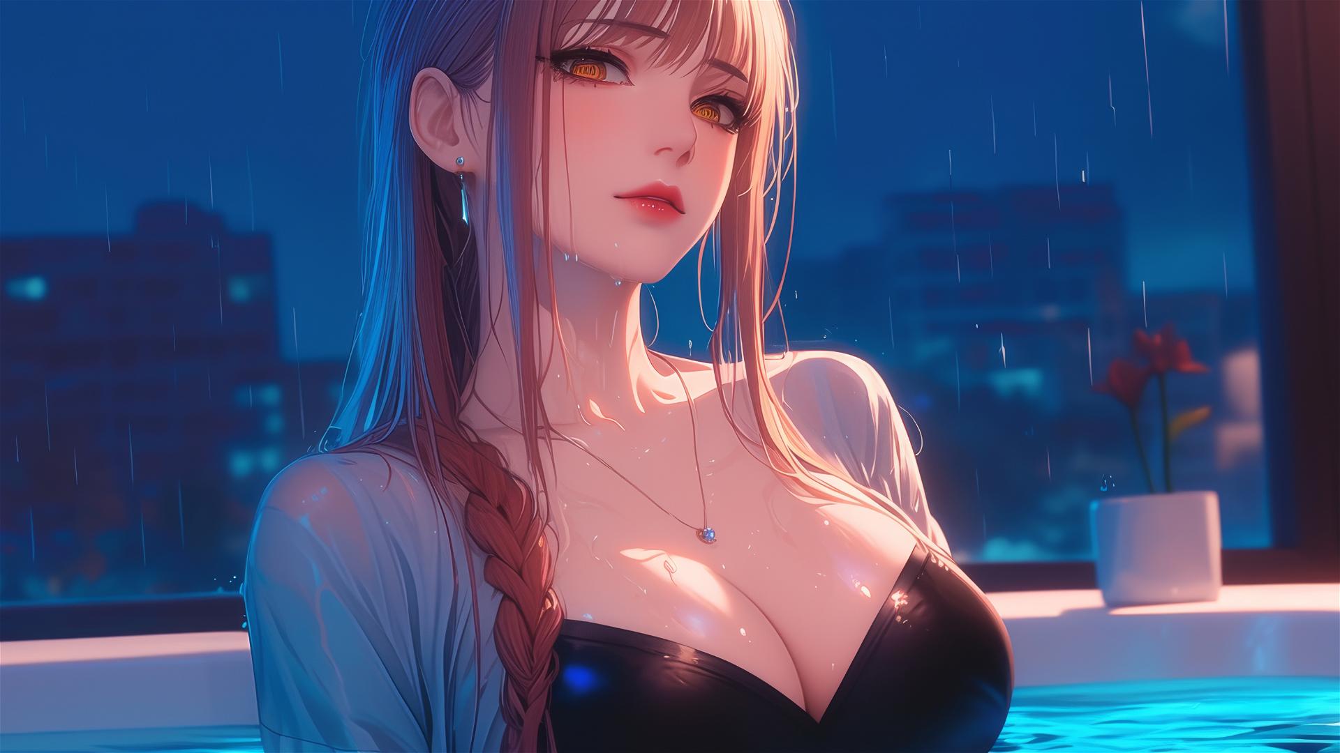 Makima from Chainsaw Man relaxing in a tub under moonlight, blonde and red hair visible