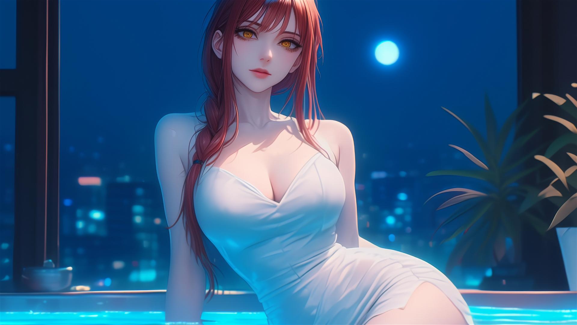 Makima from Chainsaw Man resting in a tub, moonlit glow on her