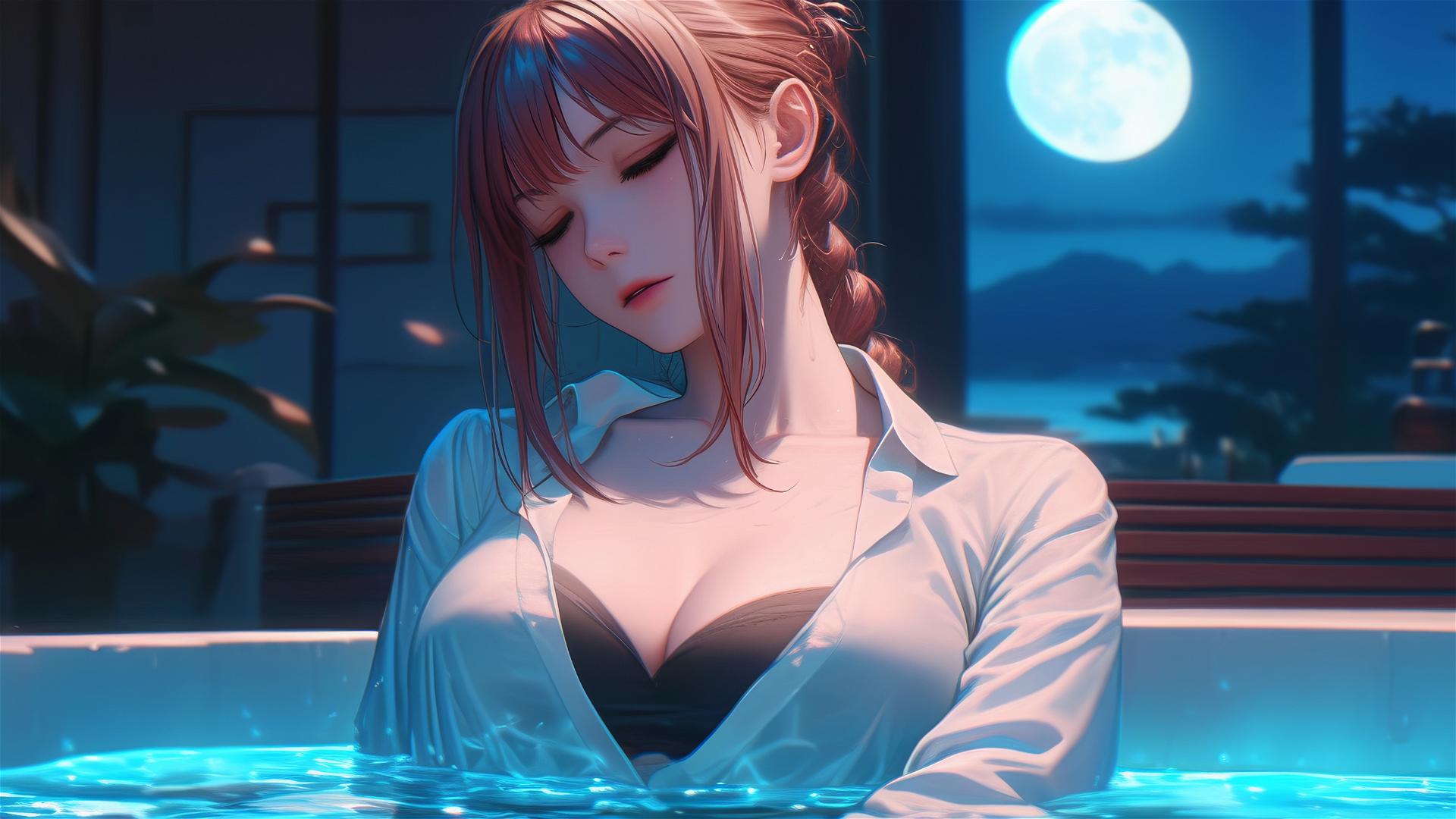 Makima from Chainsaw Man resting in a moonlit tub in her apartment