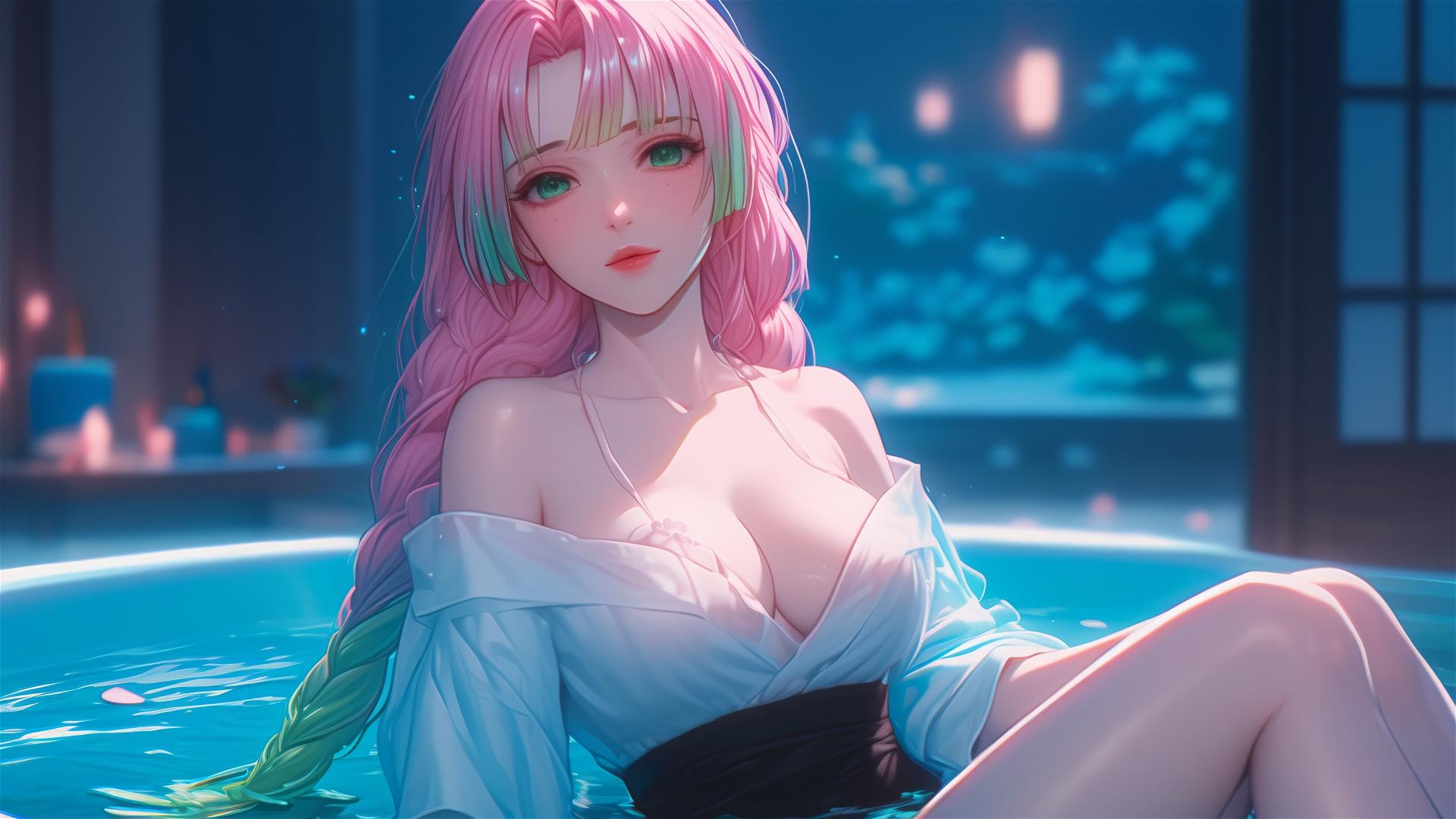 Mitsuri Kanroji in tub under moonlight with pink and green hair