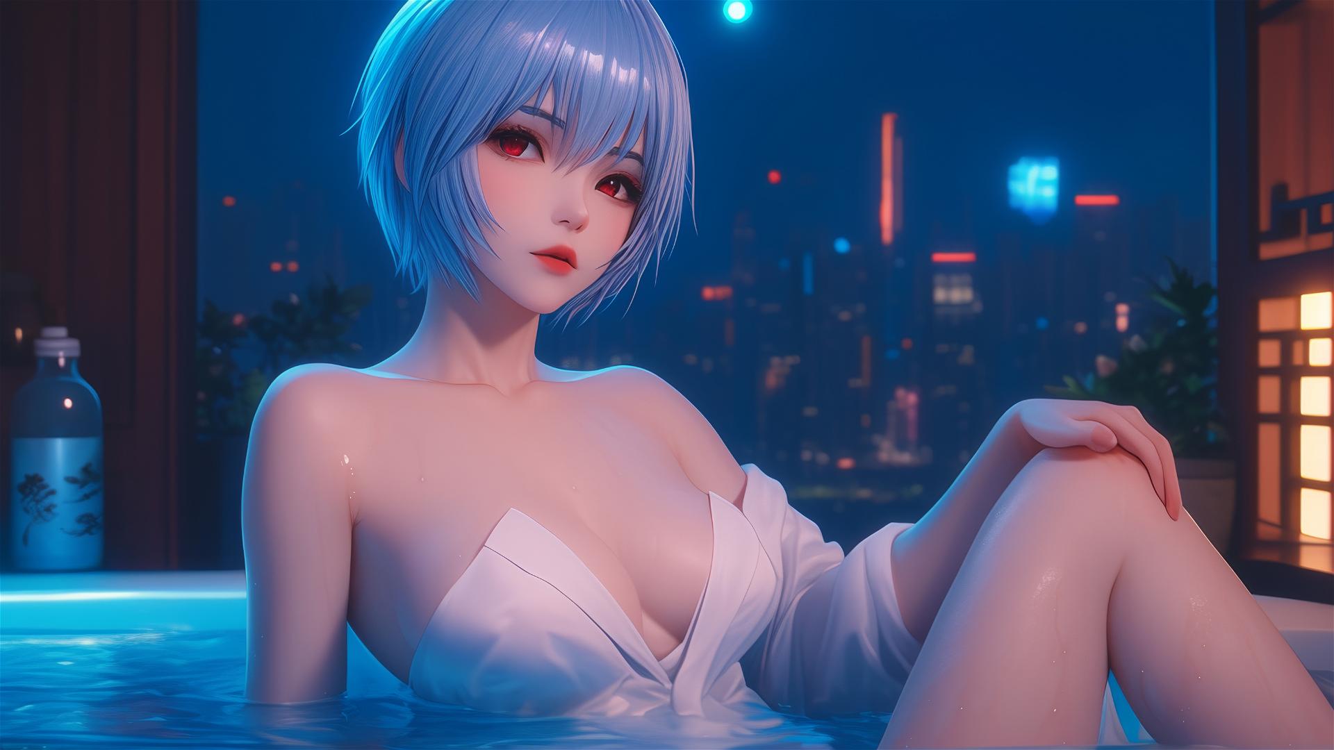 Rei Ayanami from Neon Genesis Evangelion resting in tub under moonlight