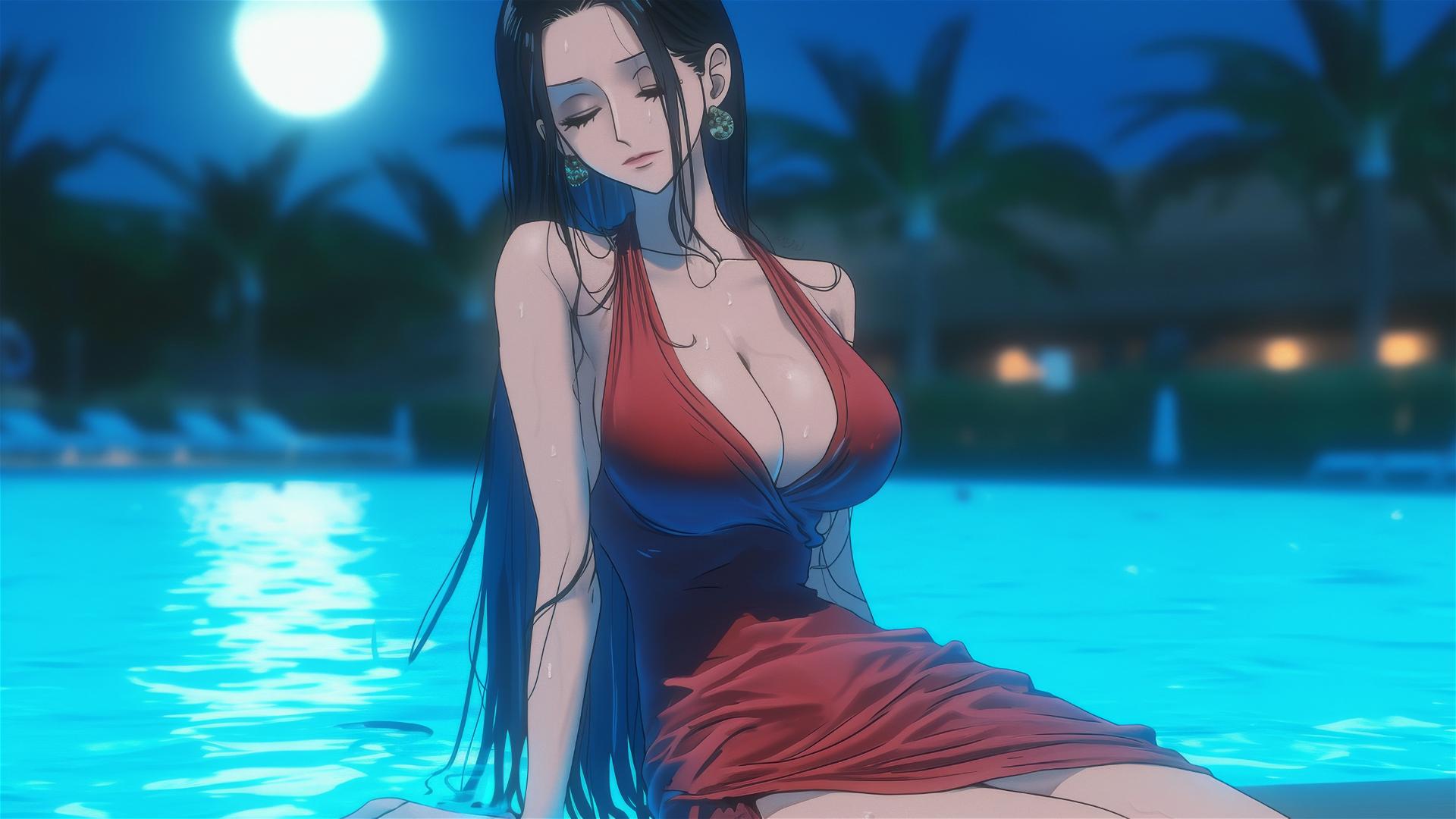 Nico Robin resting at rainy pool with moonlight cast on her in red dress
