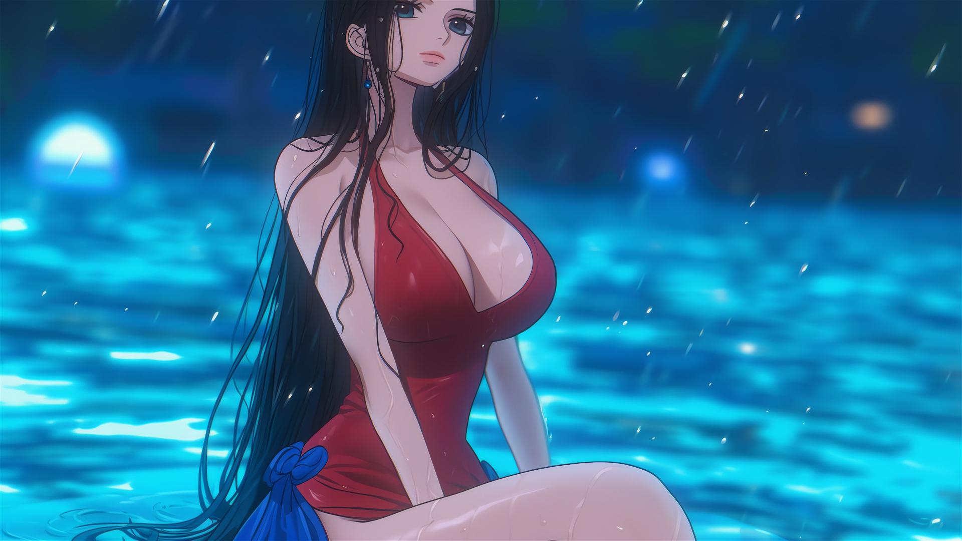 Nico Robin resting at a rainy poolside under moonlight in a red dress