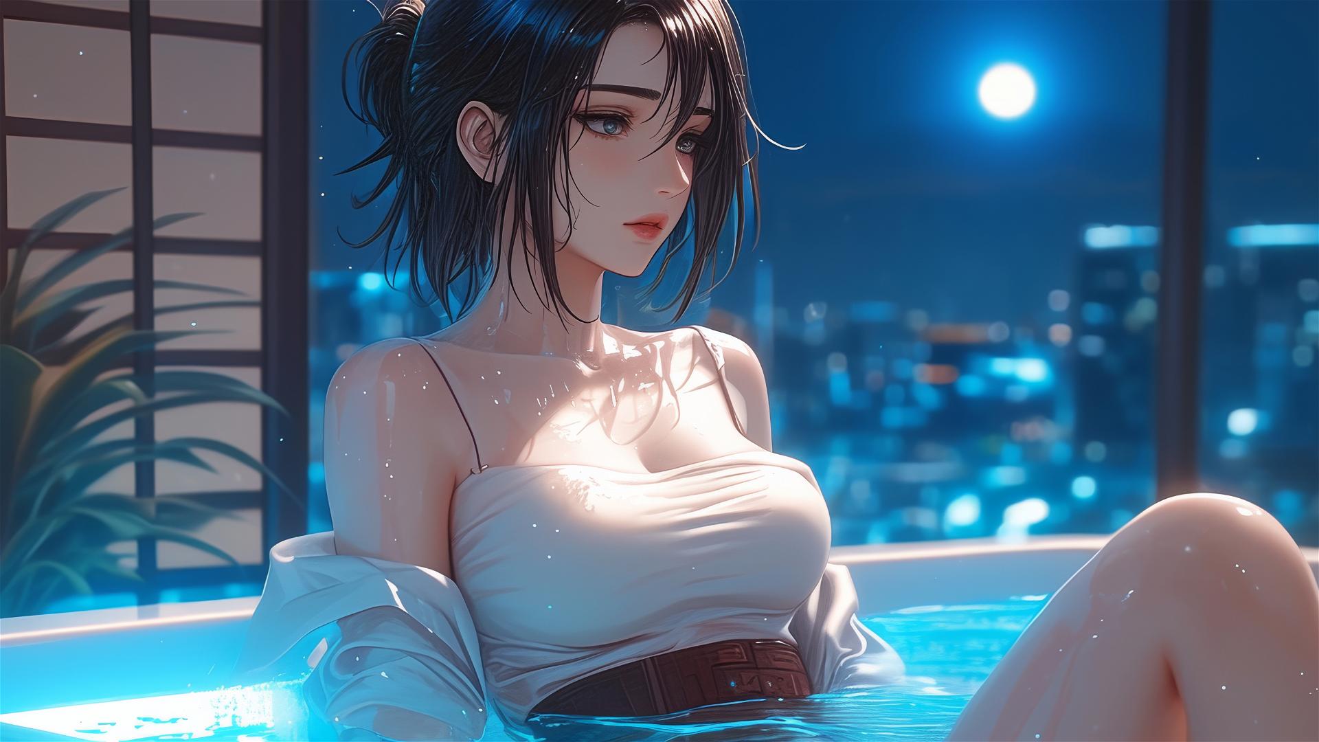 Mikasa Ackerman from Attack on Titan resting in a tub with moonlight casting a glow on her figure