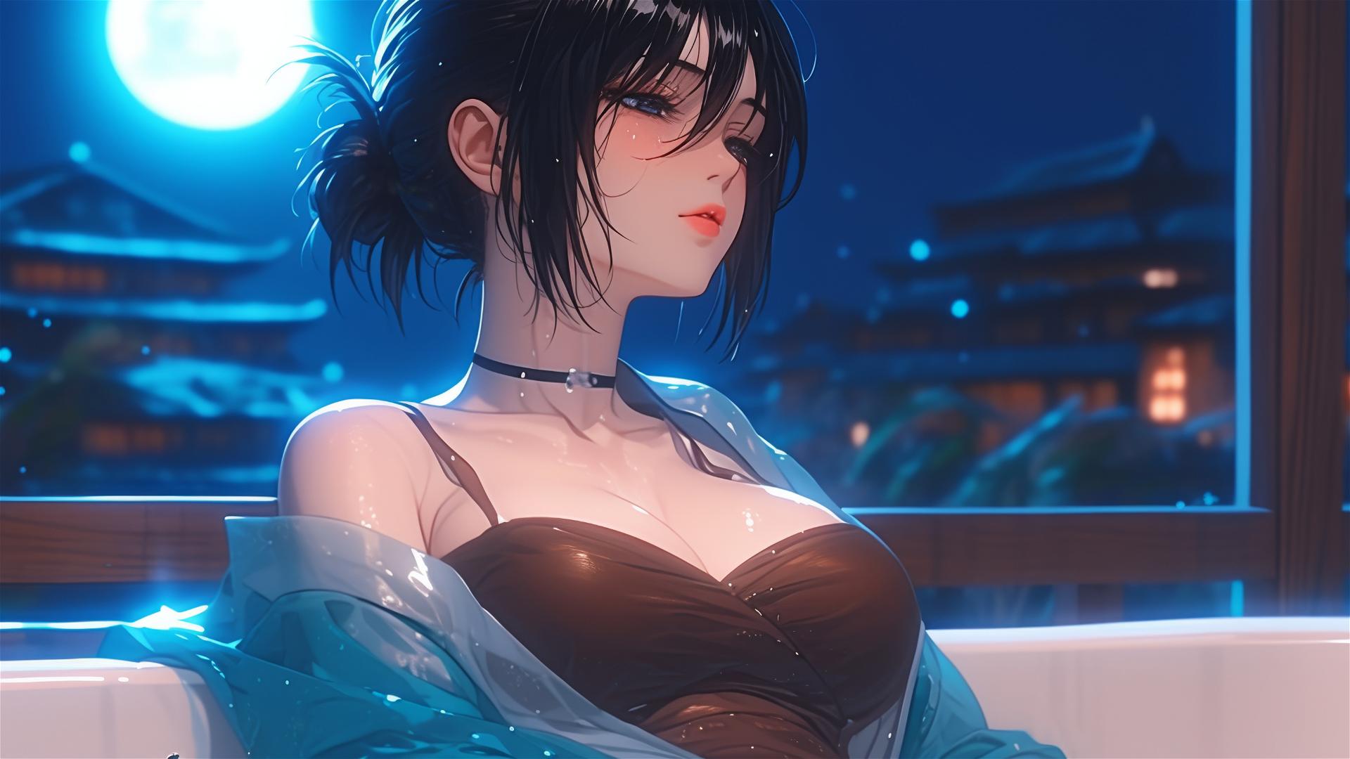 Mikasa Ackerman from Attack on Titan enjoying a leisurely rest in apartment tub, illuminated by gentle moonlight