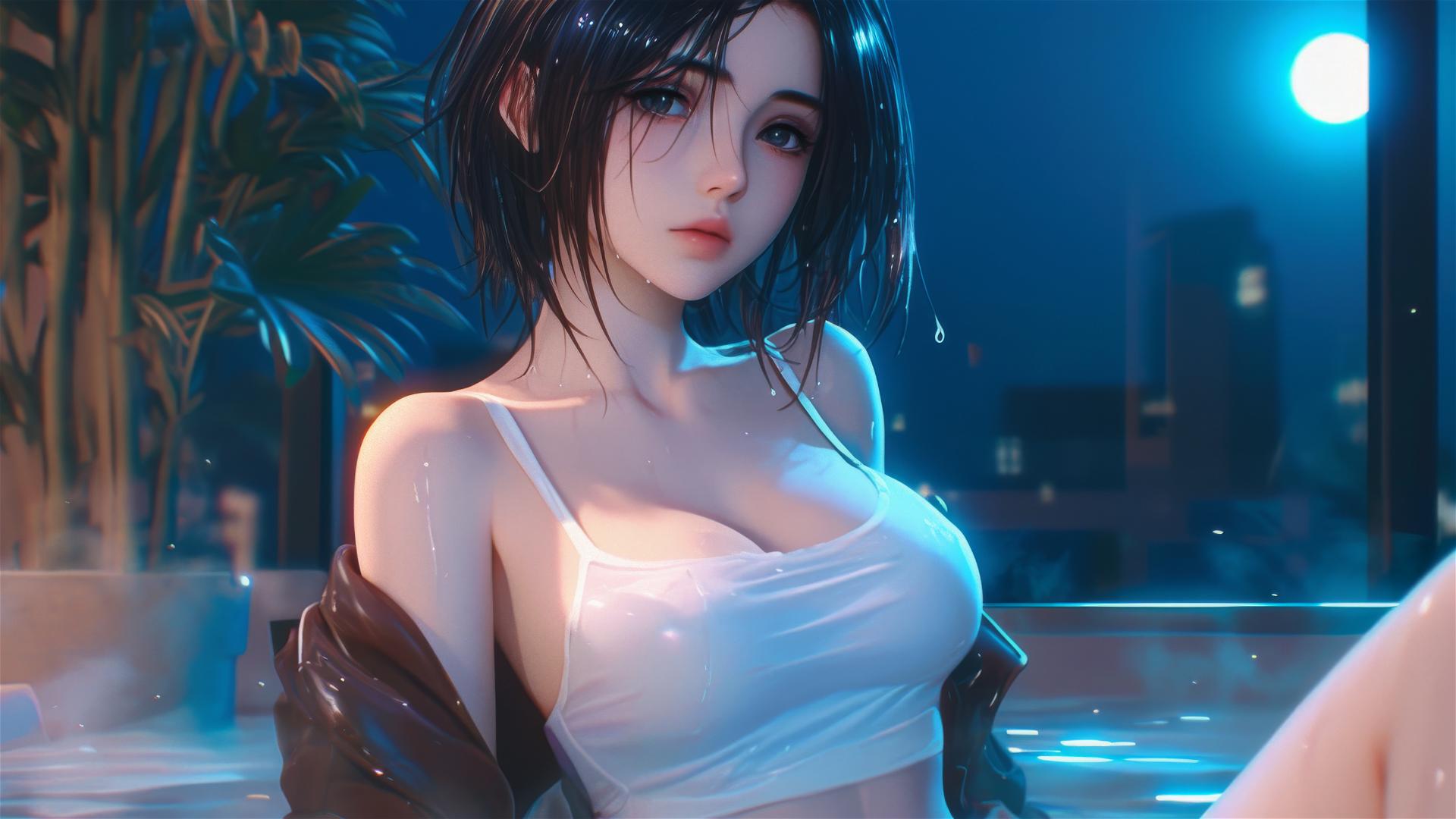 Mikasa Ackerman from Attack on Titan resting in an apartment tub, moonlight casting a glow on her short hair.