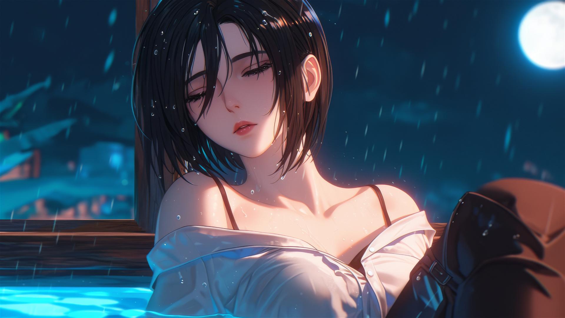 Mikasa Ackerman from Attack on Titan resting in her apartment bathtub under moonlight.