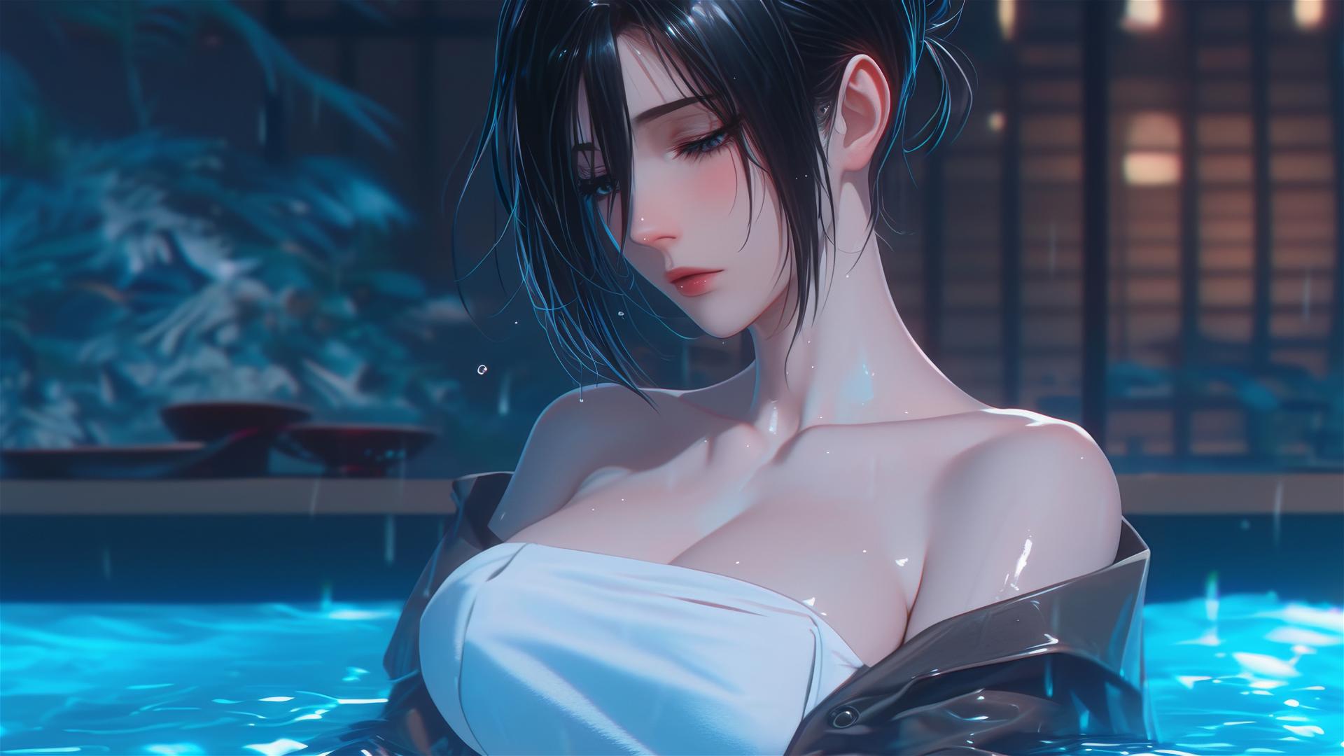 Mikasa Ackerman from Attack on Titan resting in a tub under moonlit apartment